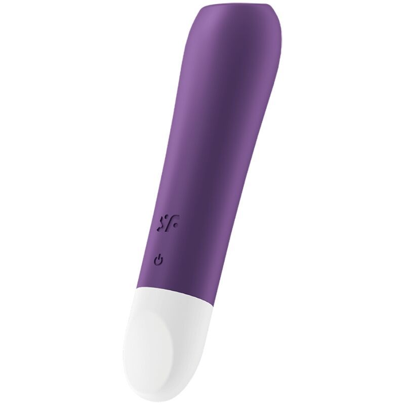 Lila Vibrator mit weißer Spitze. Mit Symbolen und Ein-/Aus-Taste. Schlanke, längliche Form.