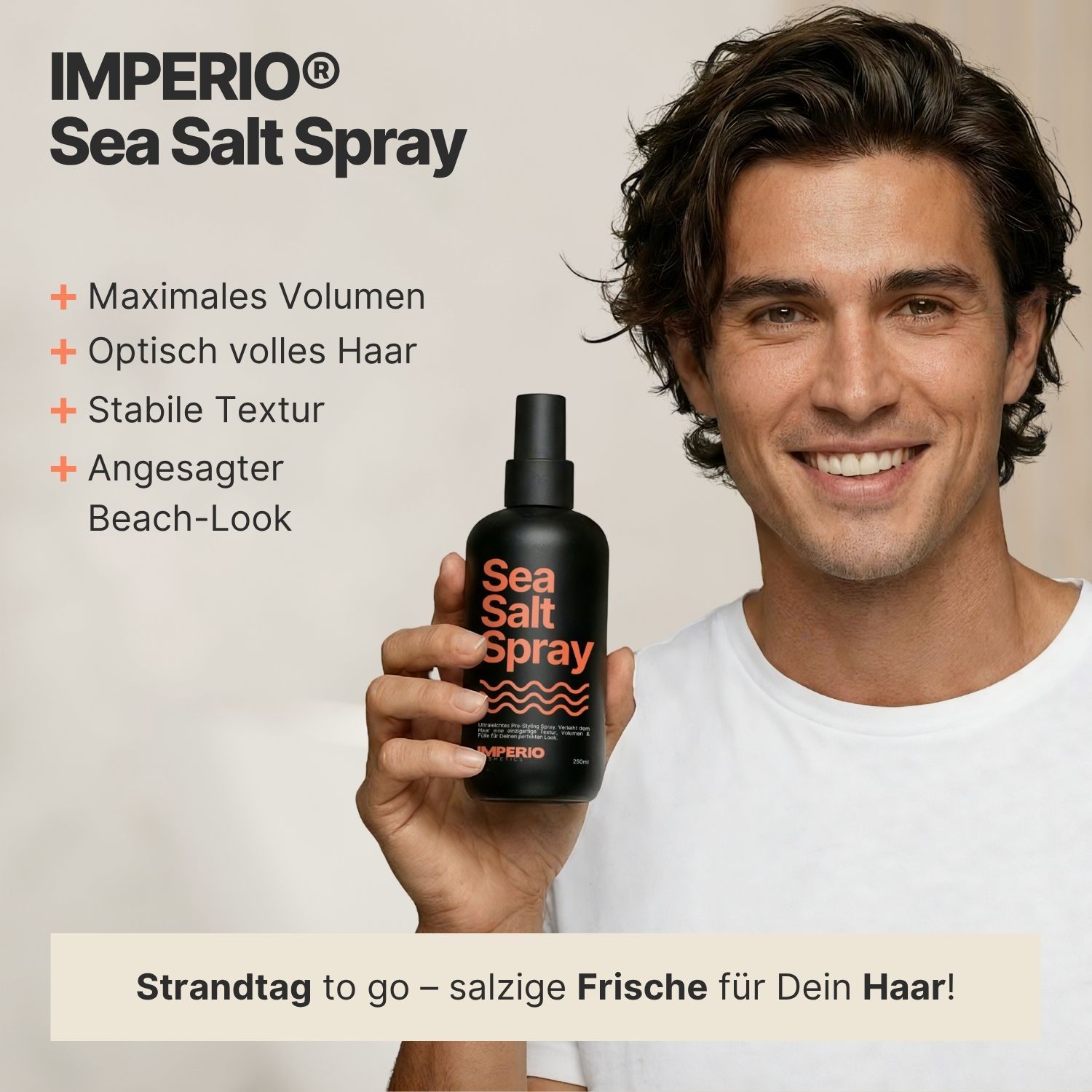 Nahaufnahme IMPERIO Sea Salt Spray, "Innovation trifft Natur" Text.