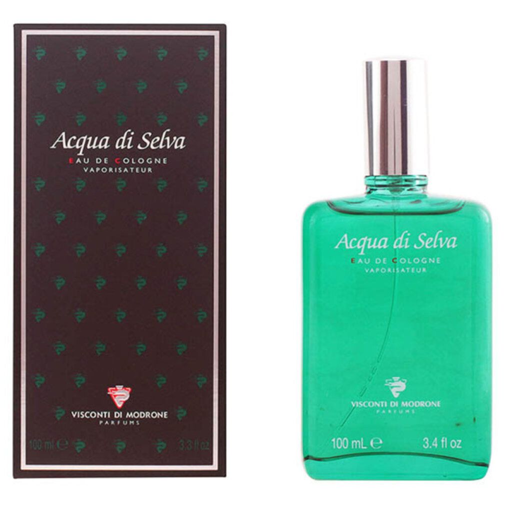 Flasche und Schachtel. Text: Acqua di Selva, Eau de Cologne, Vaporisateur. 100 ml, 3,4 fl oz. Verpackung mit Muster.