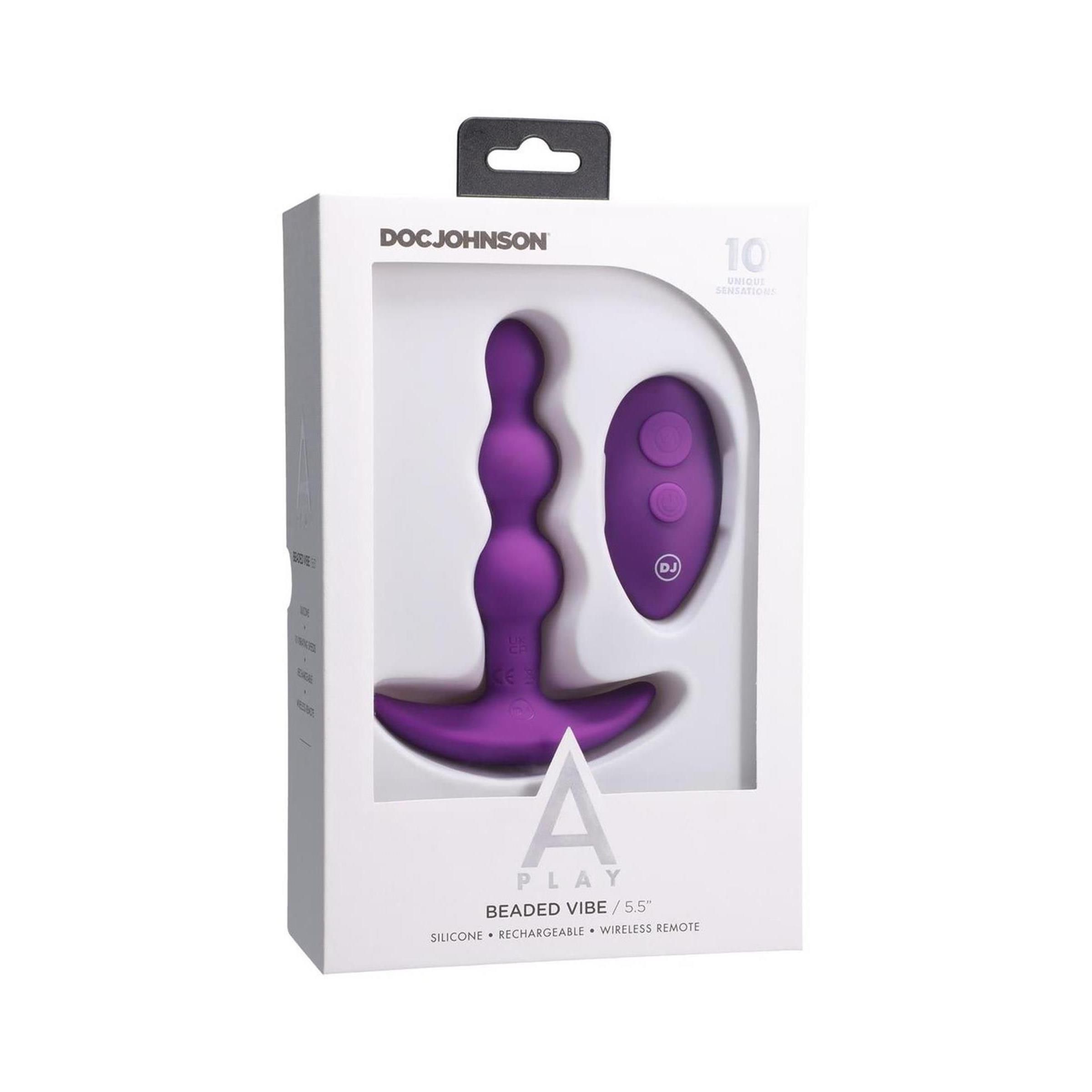 Verpackung mit lila Analplug und Fernbedienung. Marke: Doc Johnson. Produktname: Beaded Vibe.