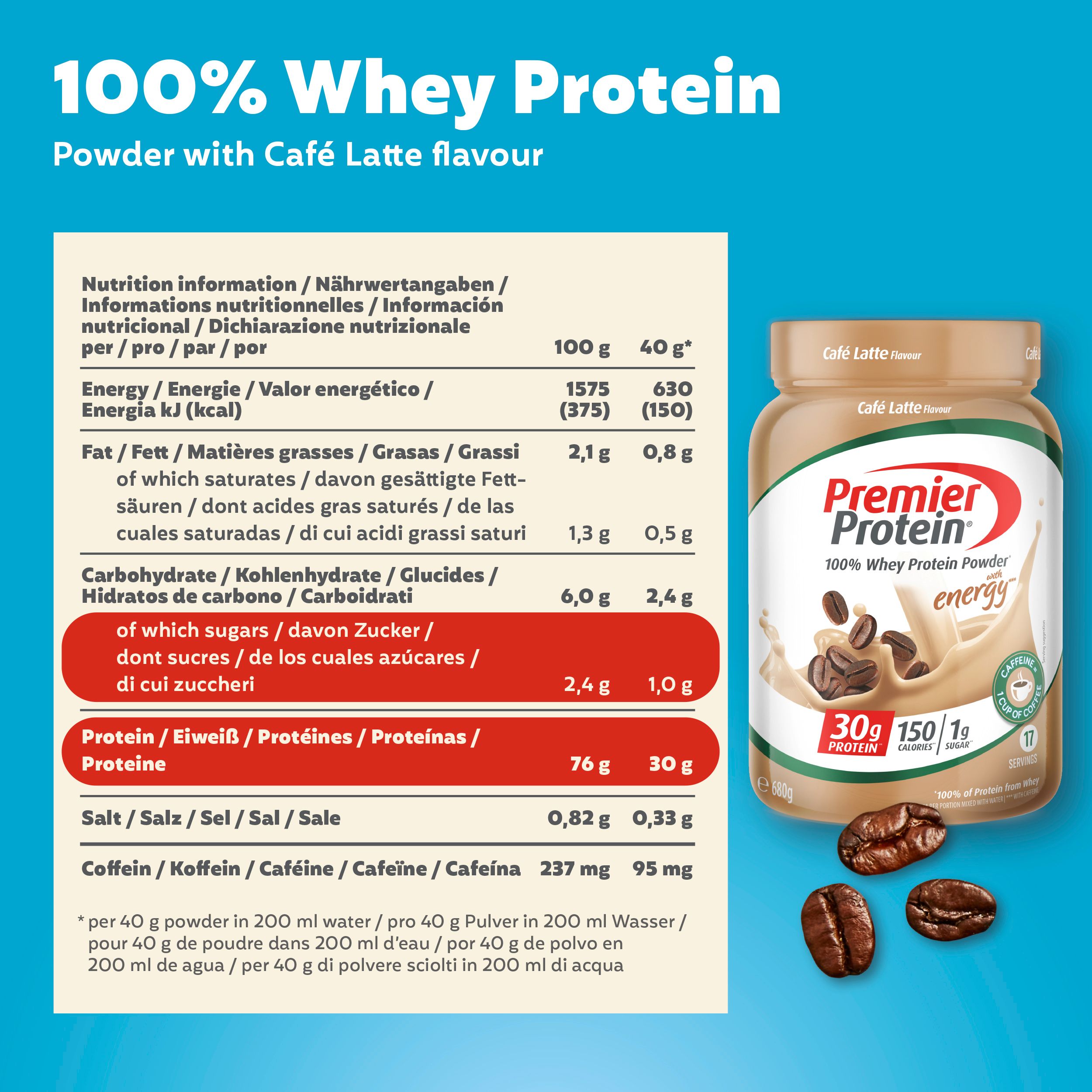Premier Protein Whey 100% Protein Powder Café Latte