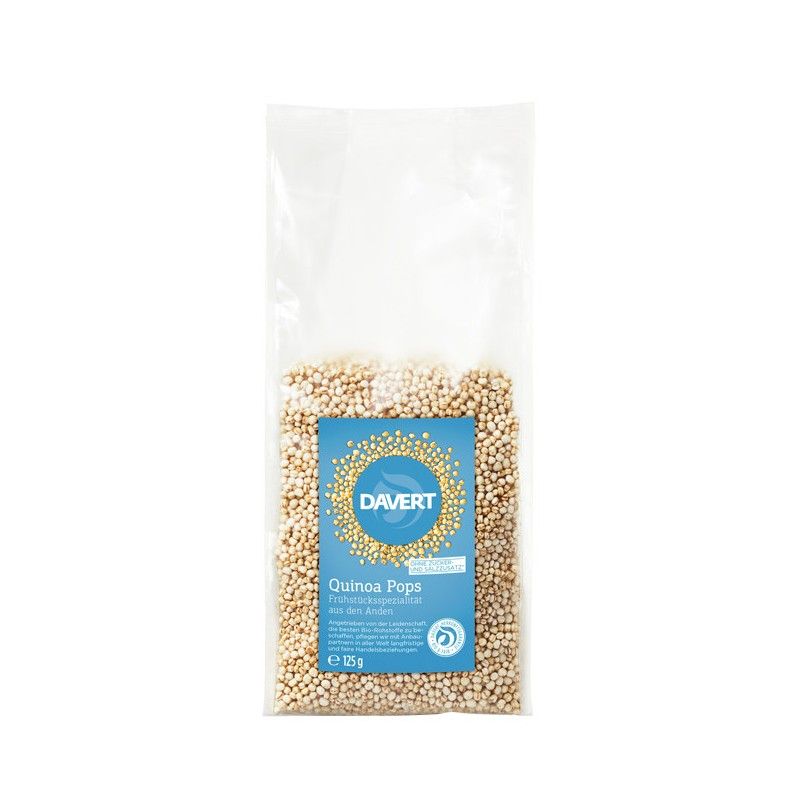 Klare Plastikverpackung mit Quinoa Pops. Aufkleber mit "Davert" Logo und Produktbezeichnung. 125g Packung.