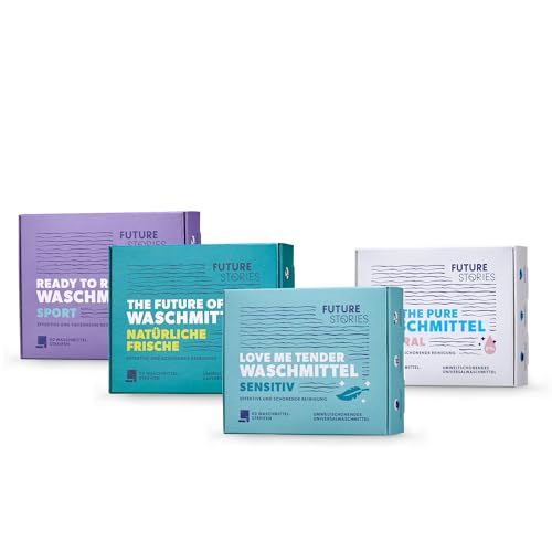 Vier Waschmittel-Boxen. Farben: Lila, Türkis, Weiß, Grün. Aufdrucke: Future Stories, verschiedene Produktnamen.