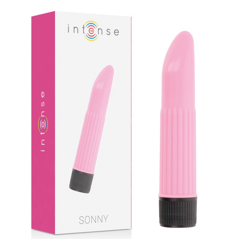 Produkt und Verpackung. Rosa Vibrator mit schwarzem Ende. Verpackung: Intense, Sonny. Aufdruck: Intense-Logo.