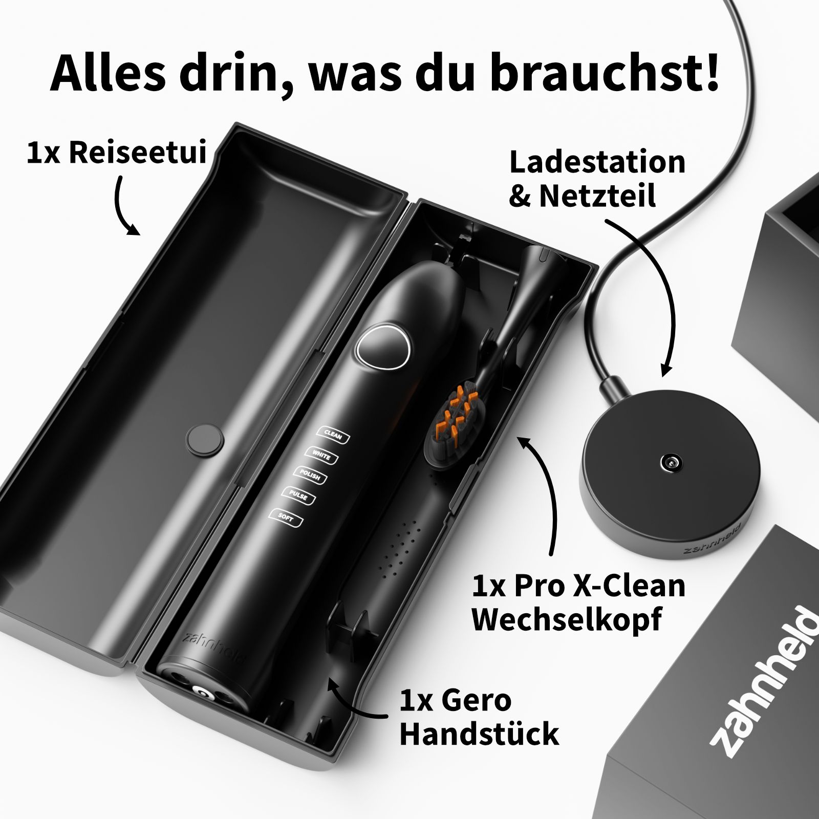 Offenes Etui mit Schallzahnbürste, Pro X-Clean Wechselkopf, Ladestation und Netzteil. Text: Alles drin, was du brauchst!