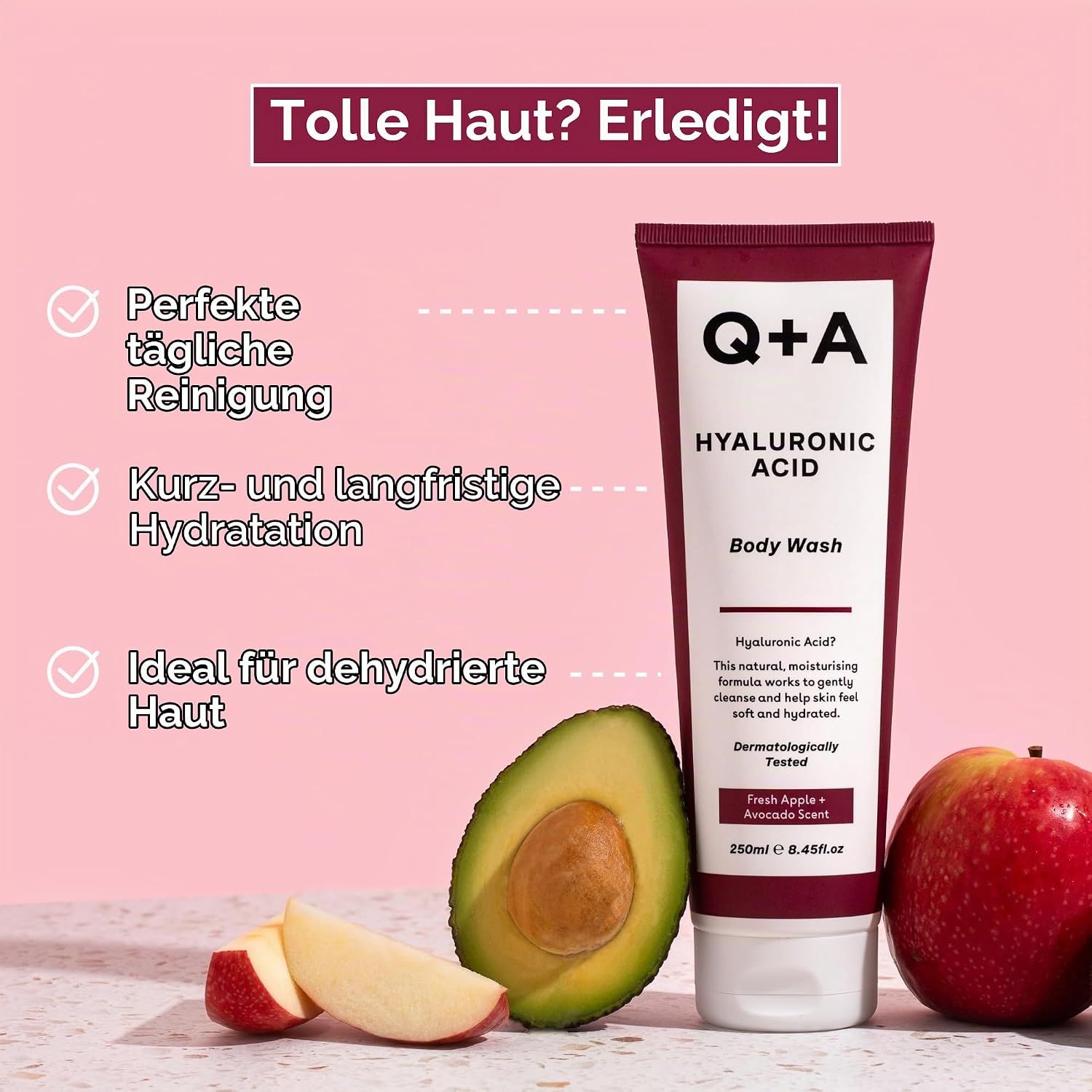 Q+A Hyaluronic Acid Body Wash. Bietet tägliche Reinigung, kurz- und langfristige Hydratation.
