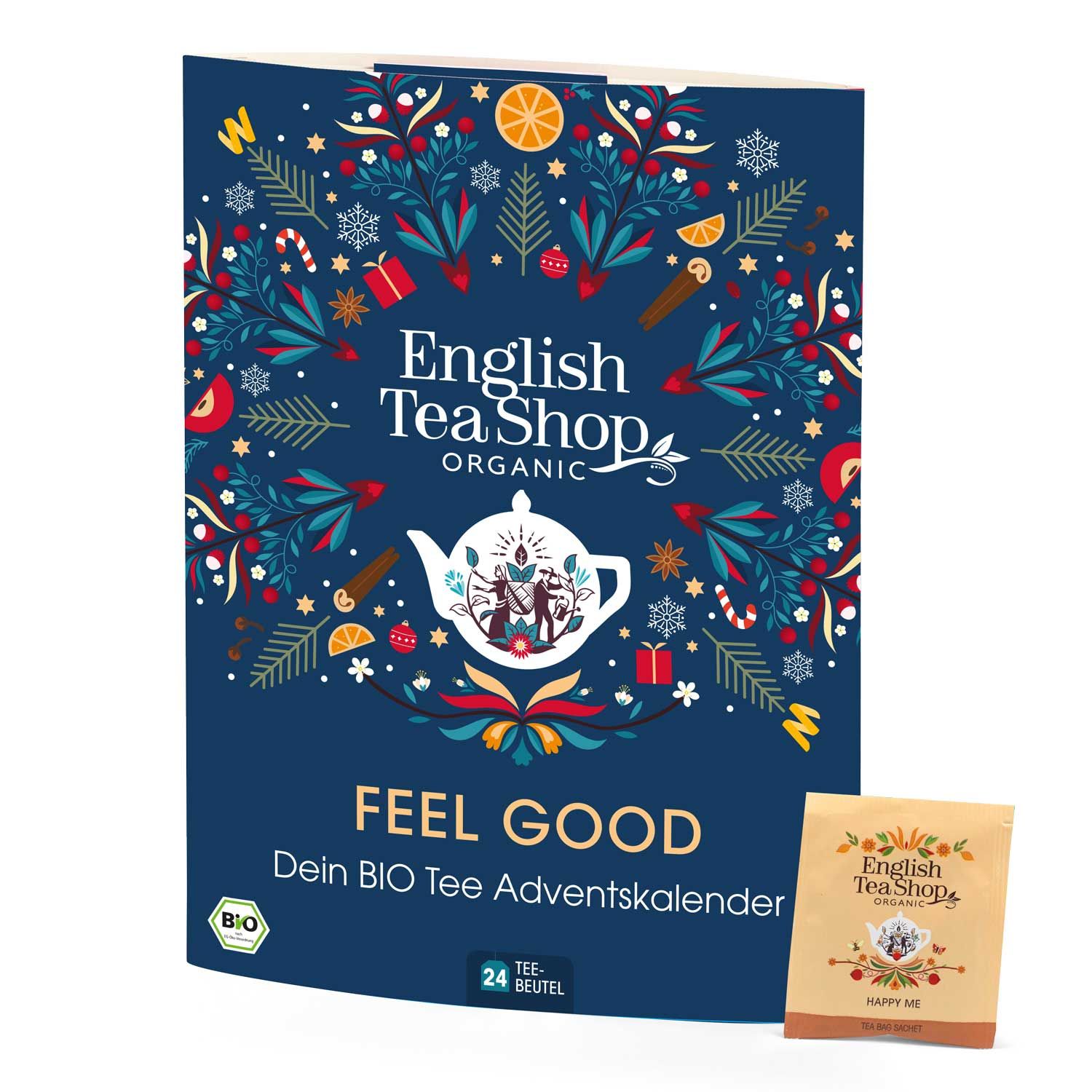 Blauer Adventskalender mit floralem Design und Schriftzug "English Tea Shop Organic". Enthält 24 Teebeutel. Ein einzelner Teebeutel liegt daneben.
