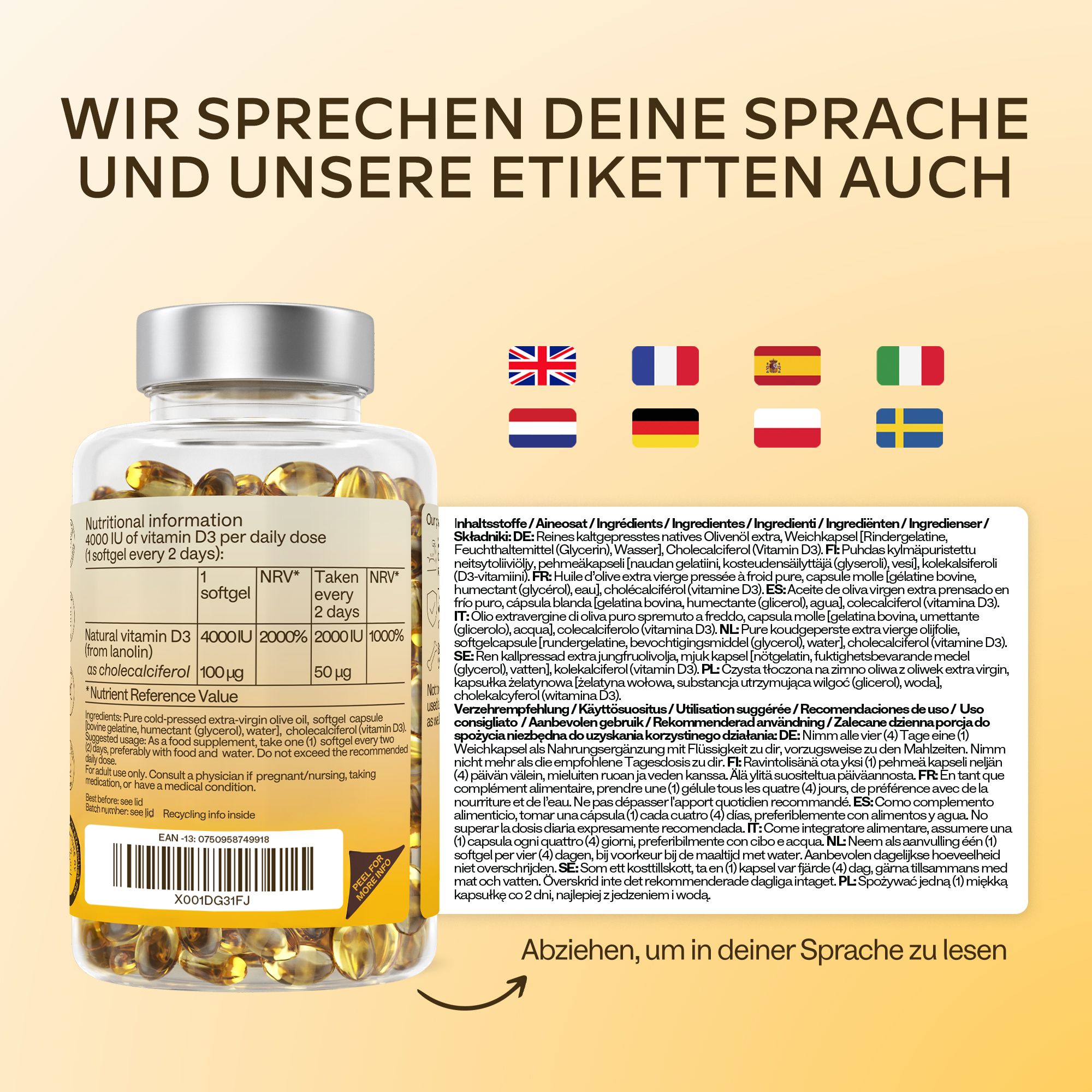 Flasche mit Kapseln und Text. Informationen in verschiedenen Sprachen. Flaggen: UK, Frankreich, Spanien, Italien.