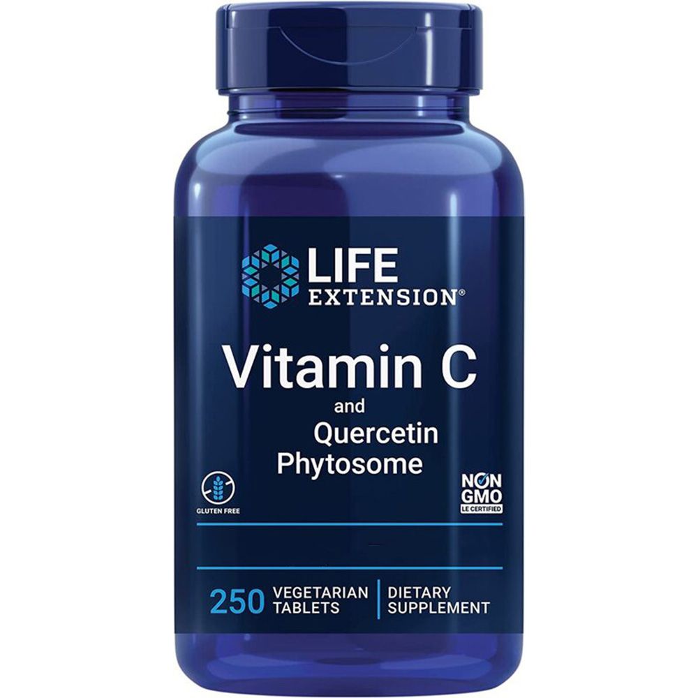 Blaue Flasche mit Vitamin C und Quercetin Phytosome. Enthält 250 Tabletten. Glutenfrei, vegetarisch, nicht gentechnisch verändert.
