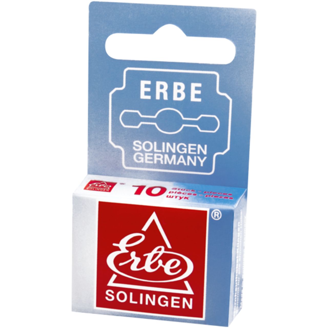 Verpackung mit 10 Klingen. Marke Erbe, Solingen. Rote und weiße Schrift auf blauem Hintergrund. Aufhängevorrichtung.