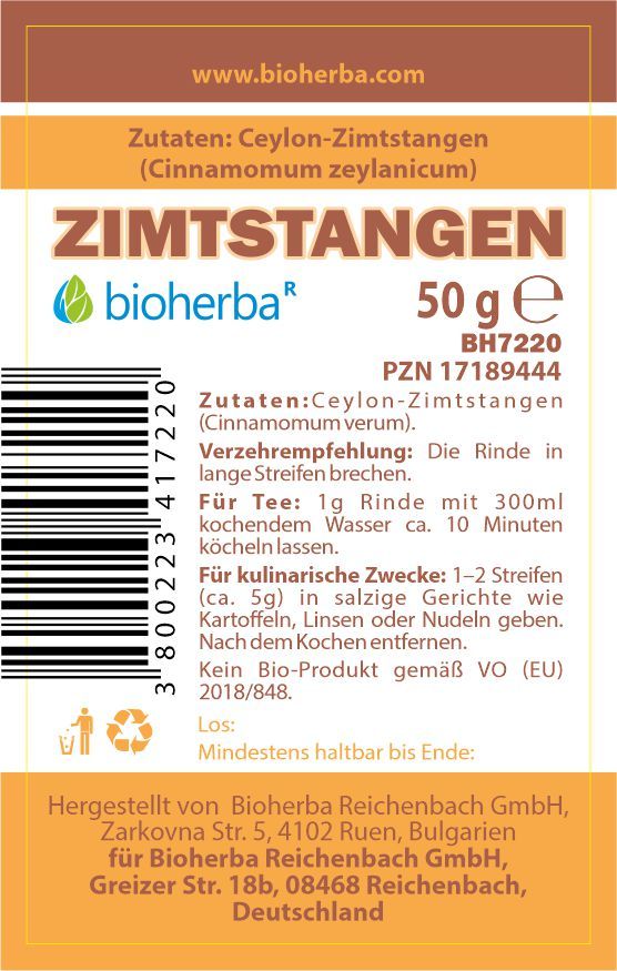 Etikett mit Produktinformationen: bioherba, Zimtstangen, 50g. Zutaten: Ceylon-Zimtstangen. Text in Deutsch.