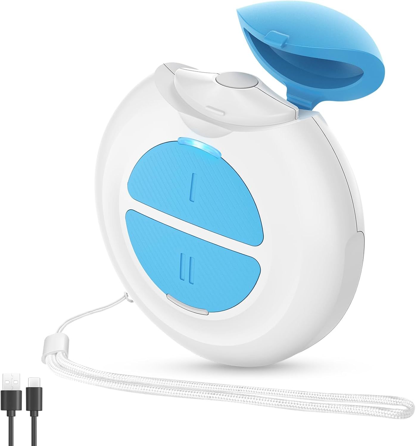 Gerät mit zwei blauen Knöpfen, weiß. Offene Abdeckung. USB-Kabel und Trageschlaufe.