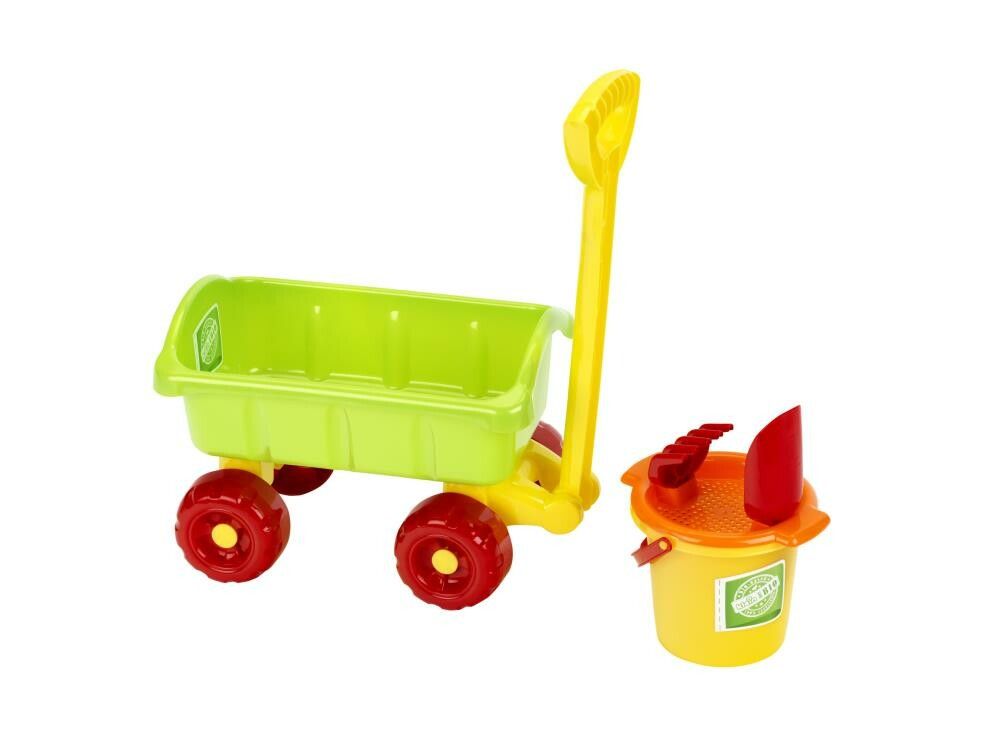 Theo Klein, Bollerwagen mit Sandeimer Set, Klein goes BIO, 45x21,5x27cm, gelb/grün/rot, 5tlg, 7619