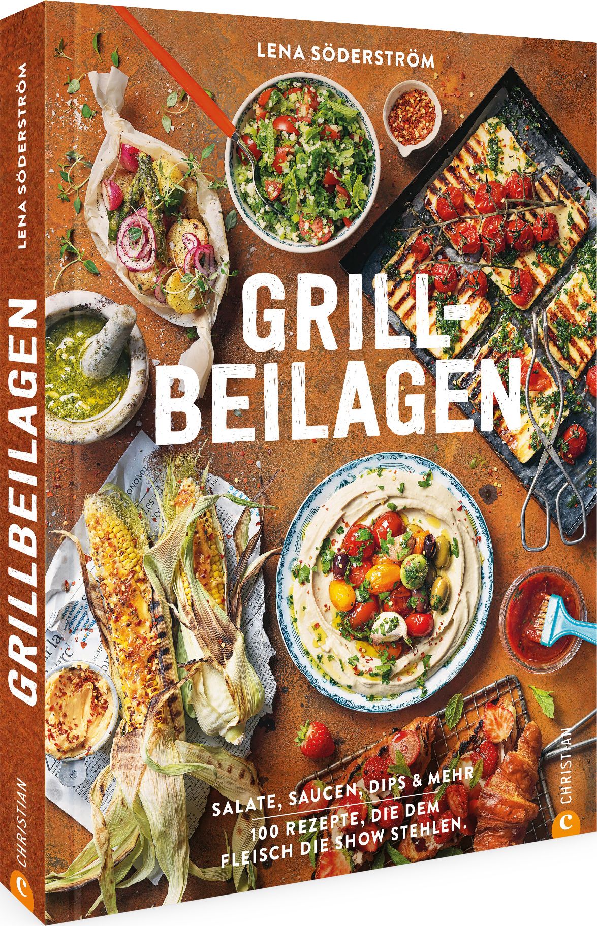 Kochbuch "Grill-Beilagen" von Lena Söderström. Auf braunem Hintergrund sind verschiedene Gerichte abgebildet. Aufschrift: Salate, Saucen, Dips & mehr.