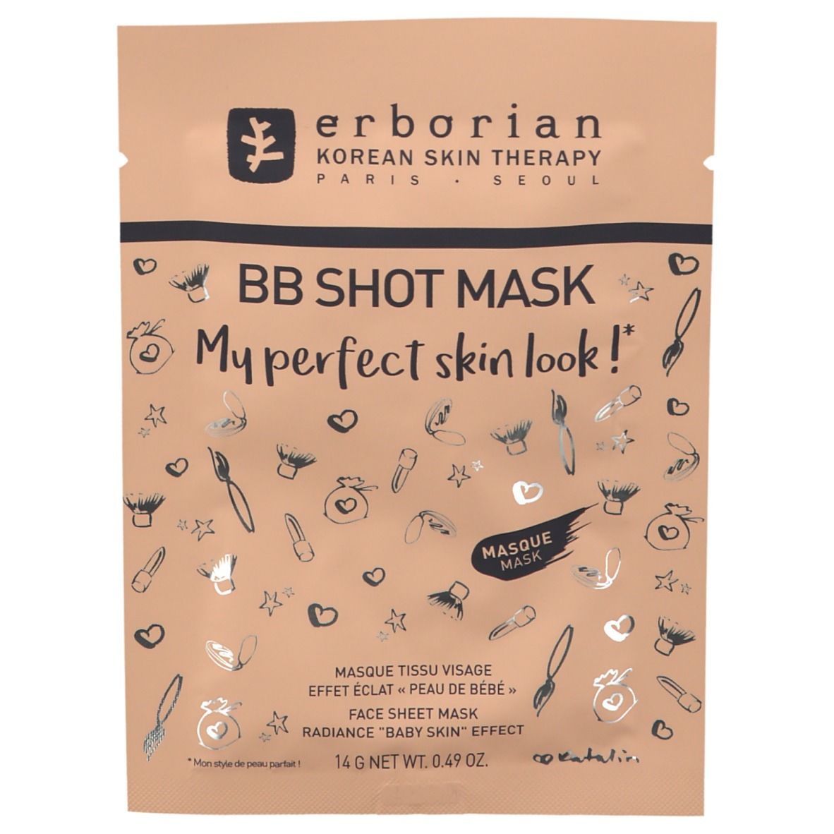 Beutel mit BB Shot Mask. Marke: Erborian. Text: BB Shot Mask, My perfect skin look! 14 g Net Wt. 0.49 OZ. Illustrationen.