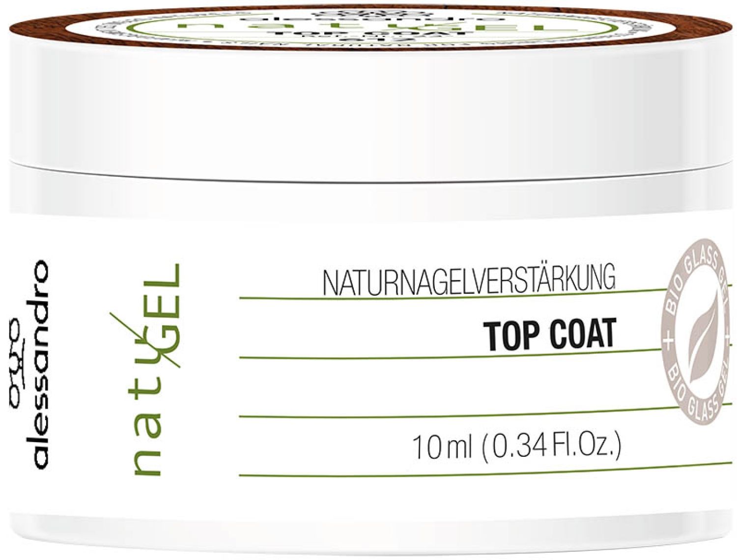 Weißer Tiegel mit Aufschrift TOP COAT, 10 ml. Marke Alessandro, NatuGel. Aufschrift Naturnagelverstärkung. Mit Bio Glass.