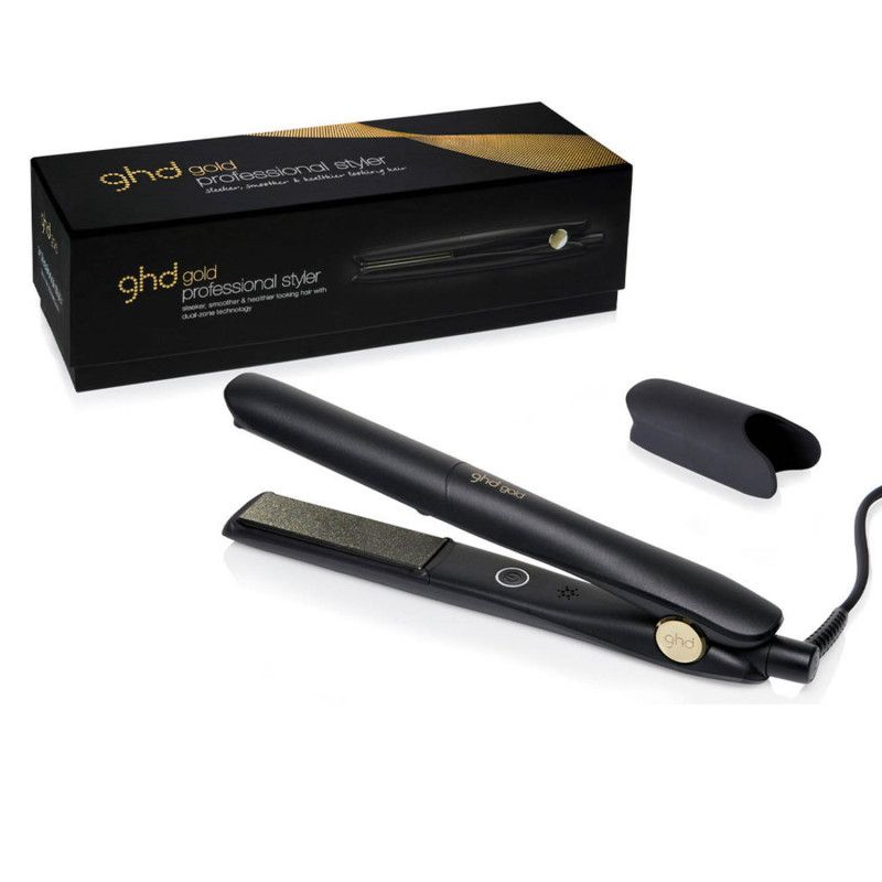Schwarzer GHD Gold Professional Styler mit Schutzaufsatz und Verpackung.