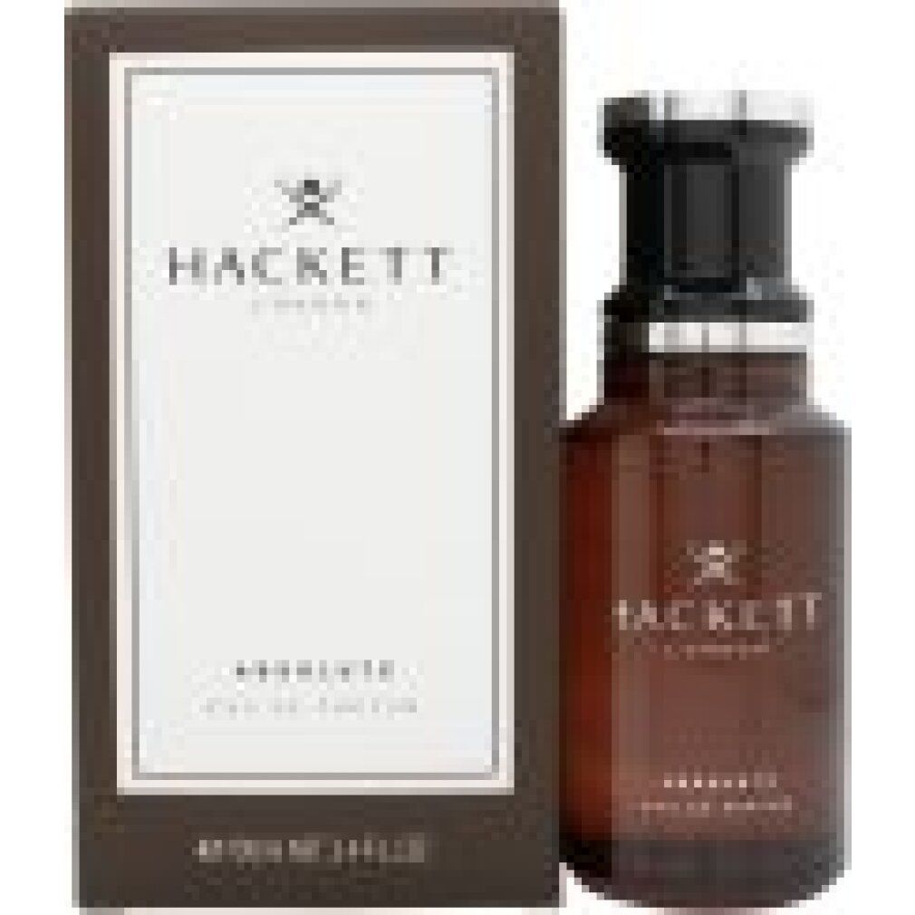 Braune Flasche und Verpackung. Aufschrift: Hackett London, Absolute Eau de Parfum. Silberner Verschluss.