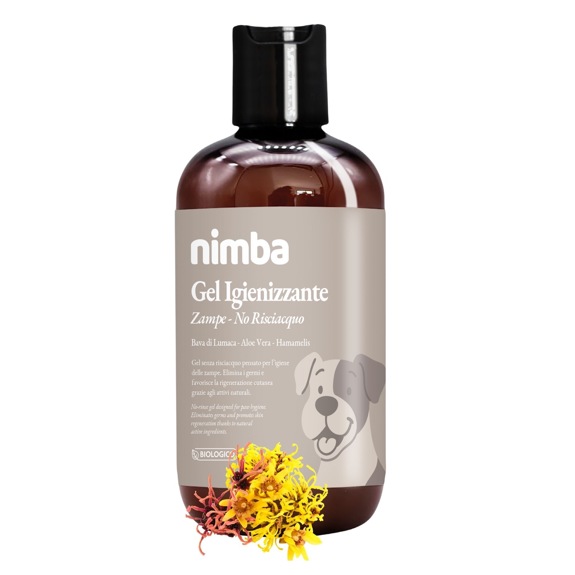 Braune Flasche mit schwarzem Deckel. Etikett mit Produktname, Hund und Blumen. Text: Gel Igienizzante Zampe.