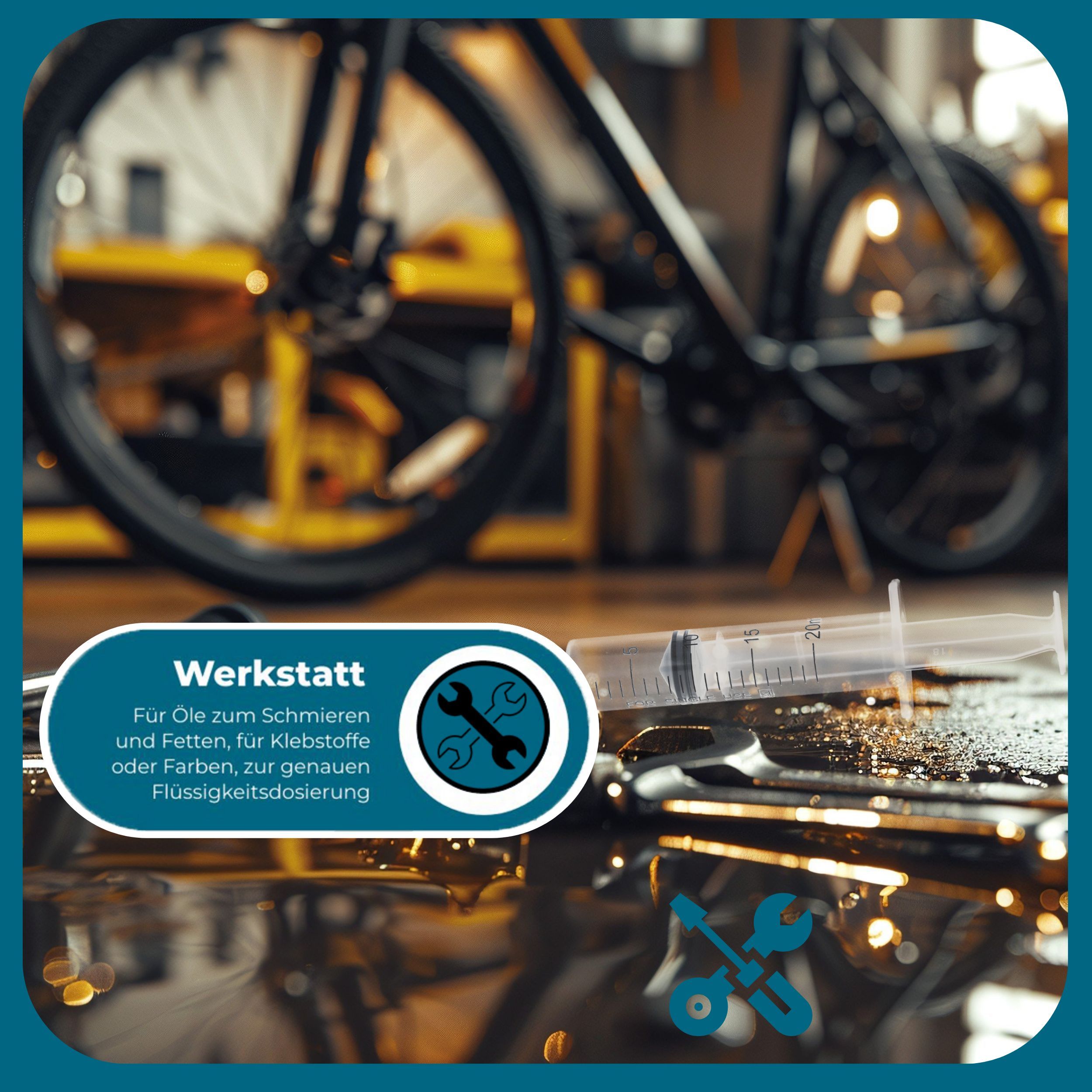 Spritze auf einer Oberfläche mit Werkzeug. Kontext: Werkstatt, Flüssigkeitsdosierung.
