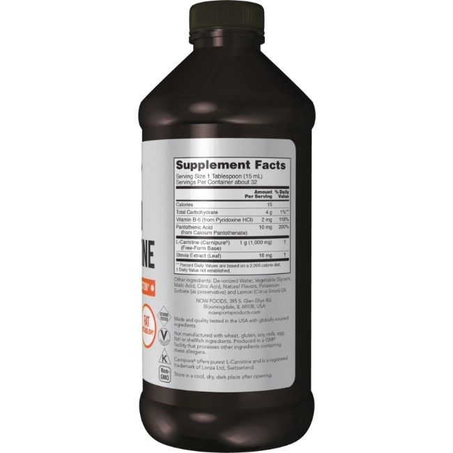 Rückseite der Now Sports L-Carnitine Flüssigkeitsflasche mit Nährwertangaben. Enthält L-Carnitin, Vitamin B-6 und Pantothensäure.