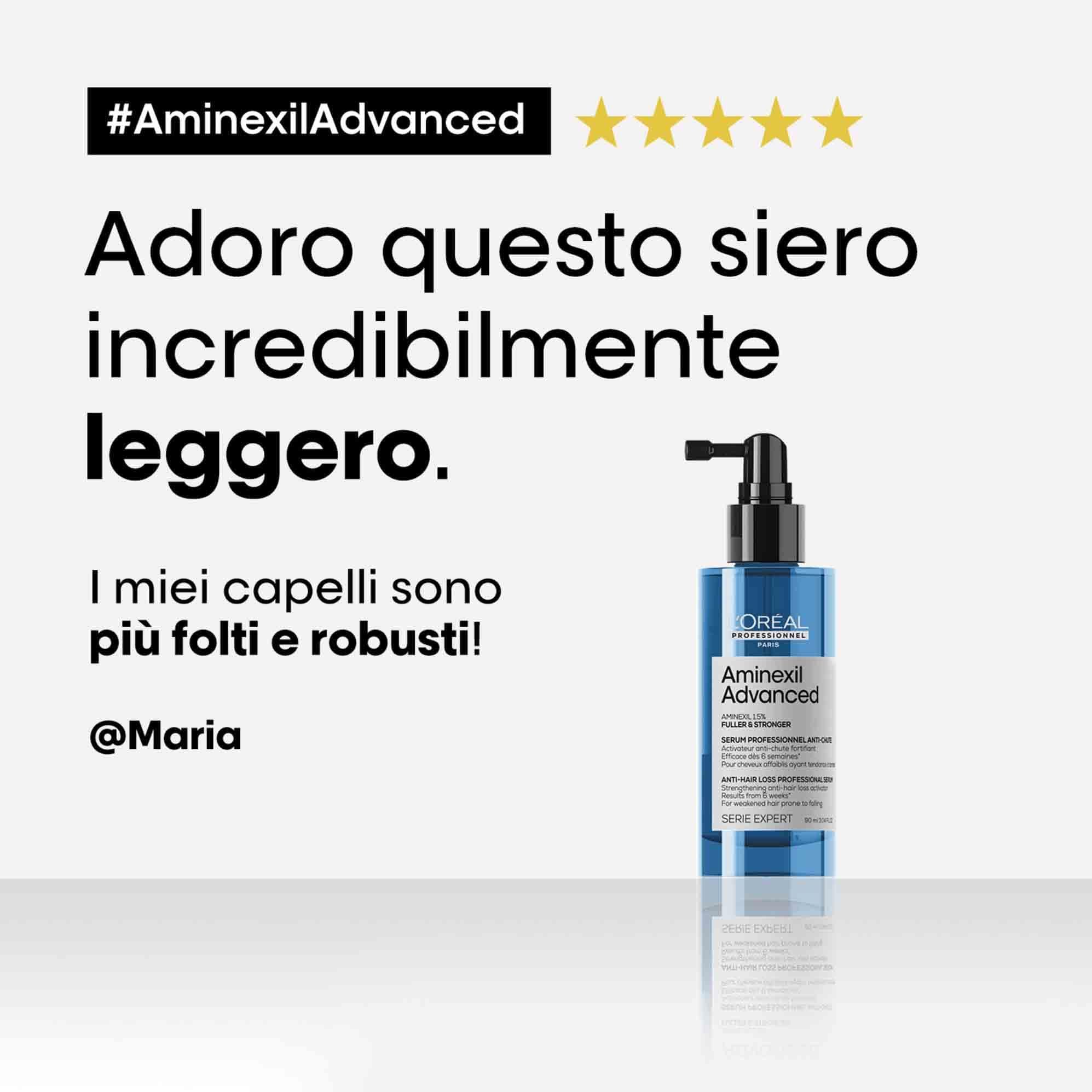 Produktabbildung von Aminexil Advanced. Blaue Flasche mit Applikator. Text: Adoro questo siero incredibilmente leggero.
