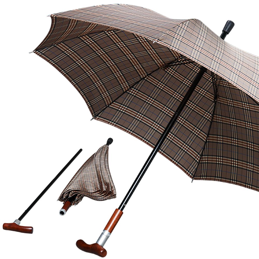 Gehstock-Regenschirm mit braun-beigem Karomuster. Holzgriff, schwarzer Schaft, geöffnet und geschlossen dargestellt. Einzelteile.
