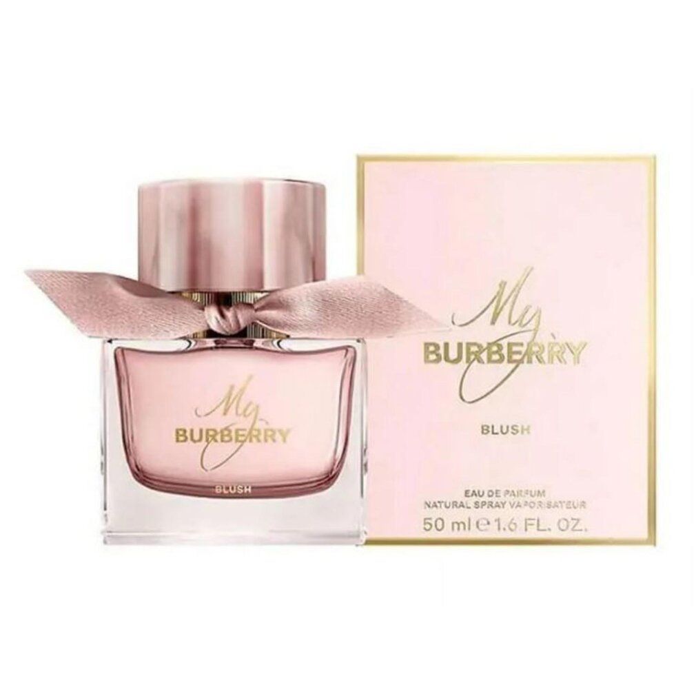 Flakon und Verpackung. Rosa Flakon mit Schleife. Schriftzug: My Burberry Blush. Rosa Verpackung.