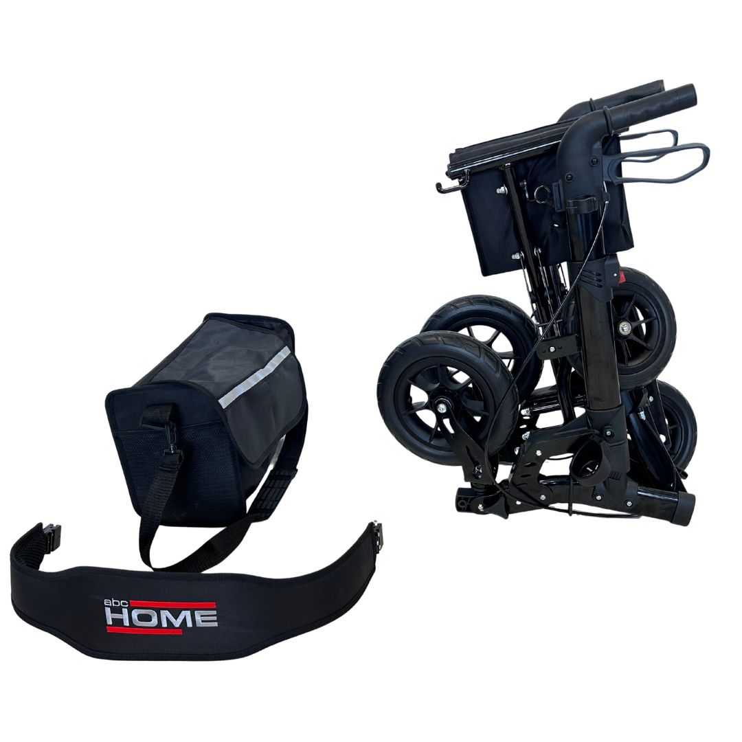 Gefalteter Rollator, Sitz und Tasche mit Tragegurt.