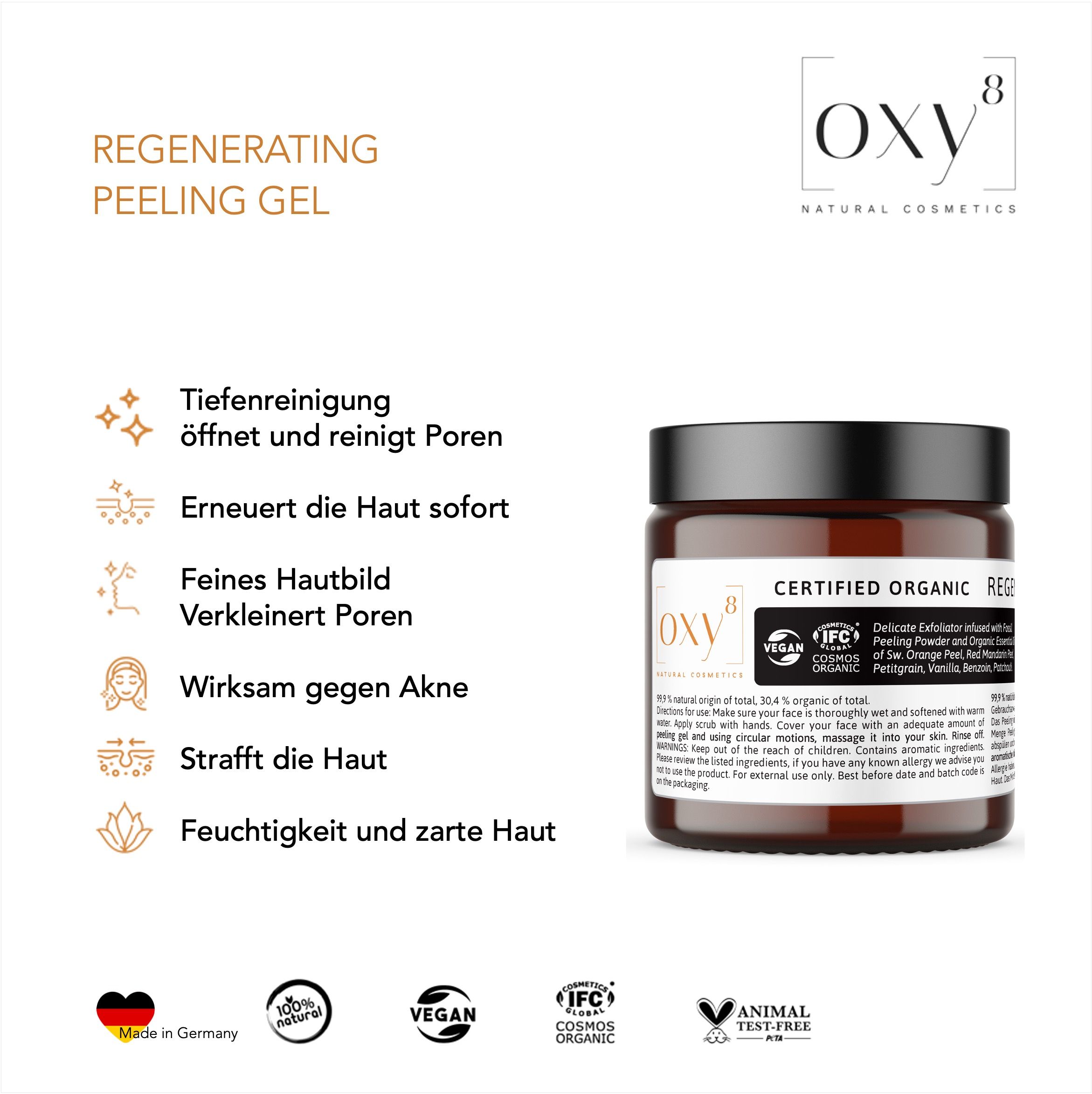 oxy8 Naturkosmetik REGENERATING PEELING GEL - Anti Aging. Tiefenreinigung. Erneuert die Haut sofort