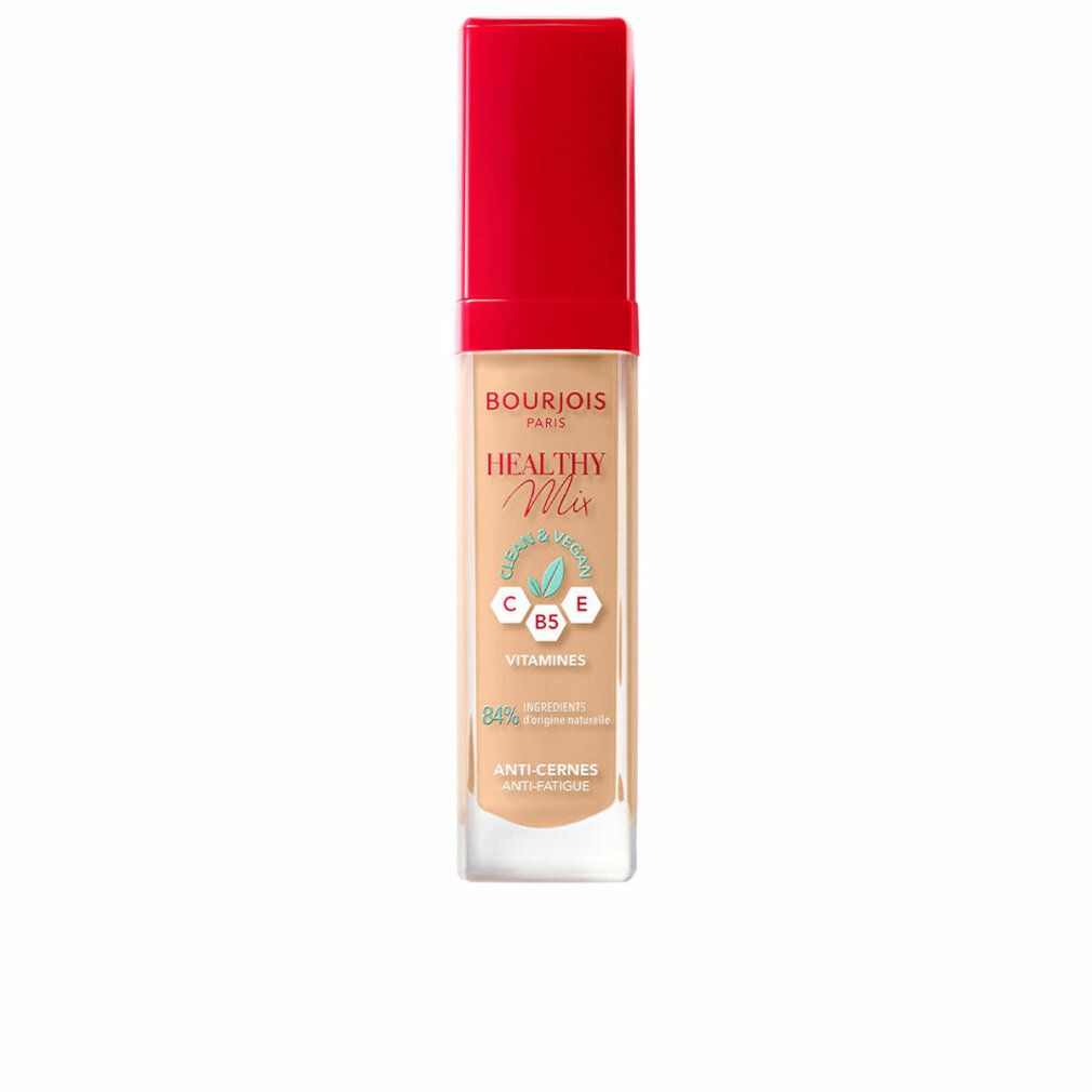 Flüssiger Concealer mit rotem Deckel. Aufschrift: Bourjois, Healthy Mix, Vitamine C, E, B5. 84% Inhaltsstoffe natürlichen Ursprungs. Anti-Cernes.
