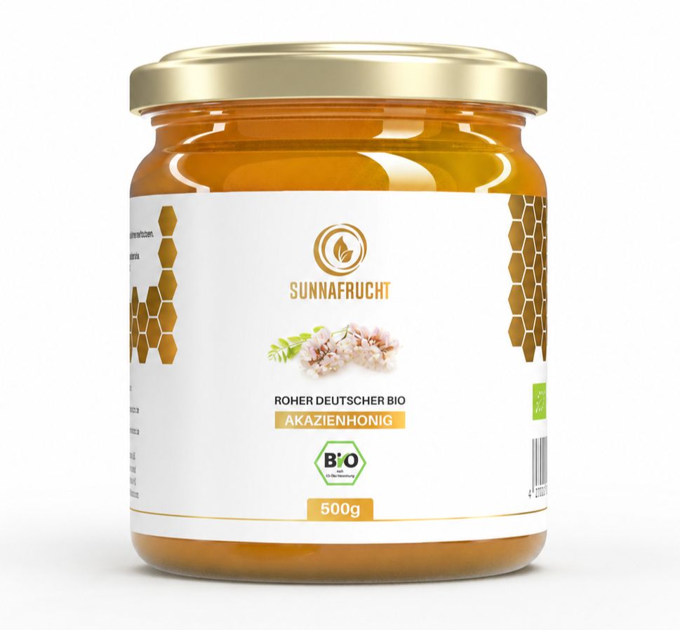 Glas mit Akazienhonig, Marke SUNNAFRUCHT, 500g, BIO-Siegel.