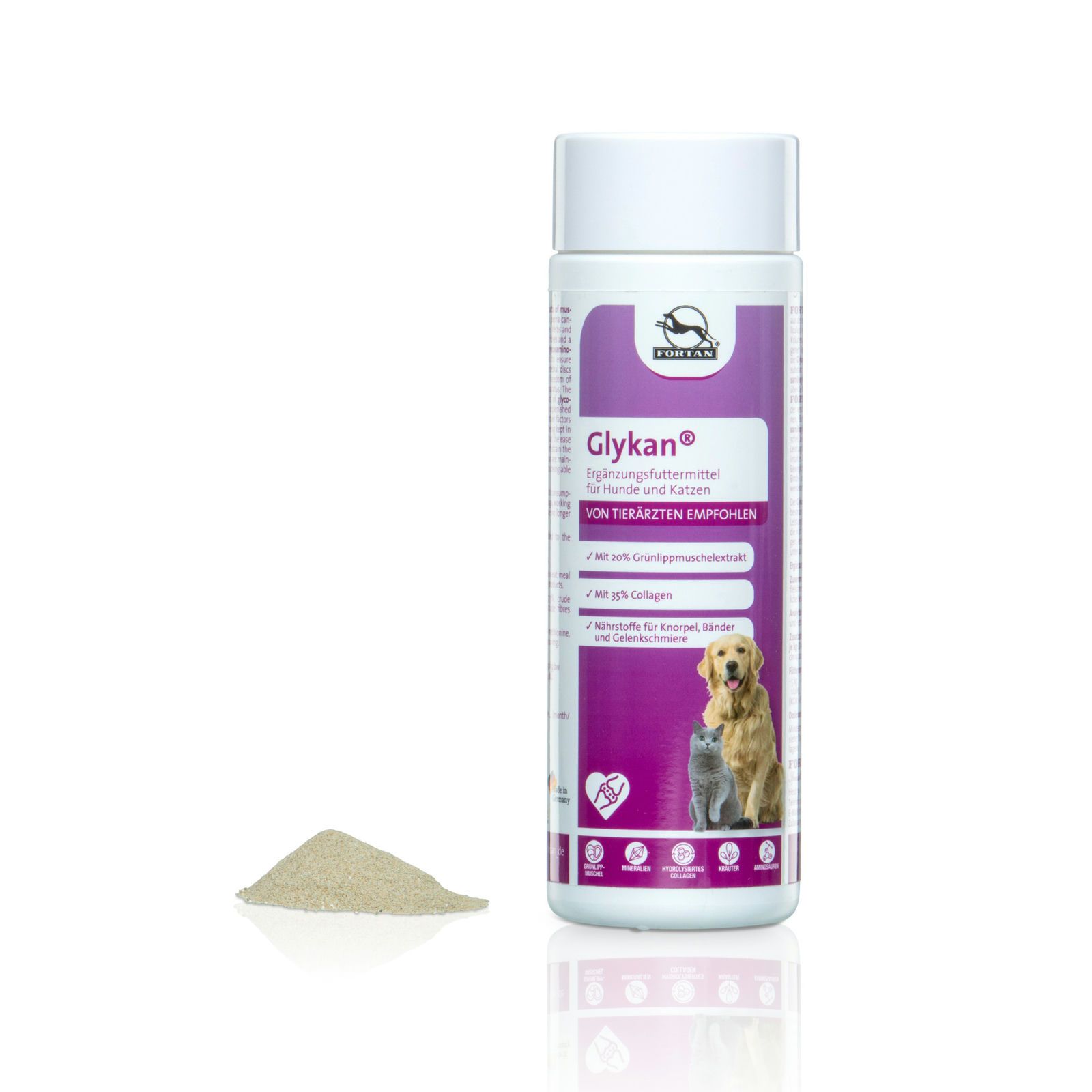 Zylindrische Dose mit "Glykan"-Etikett. Daneben ein Haufen Pulver. Abbildung von Hund und Katze.
