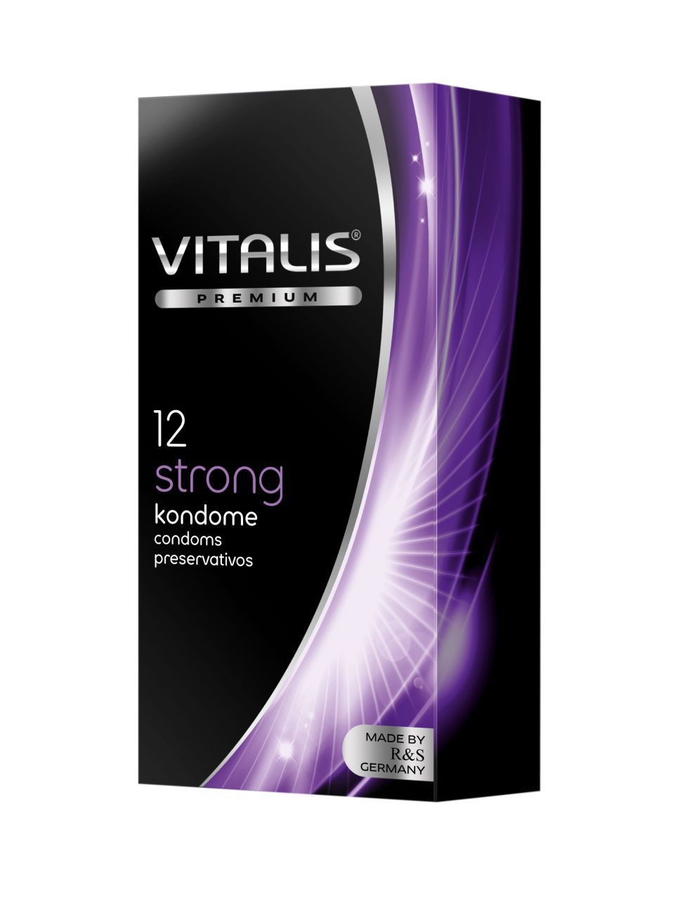 Schwarze Verpackung mit Vitalis Premium, 12 Strong Kondome. Lila Designelemente und Text.