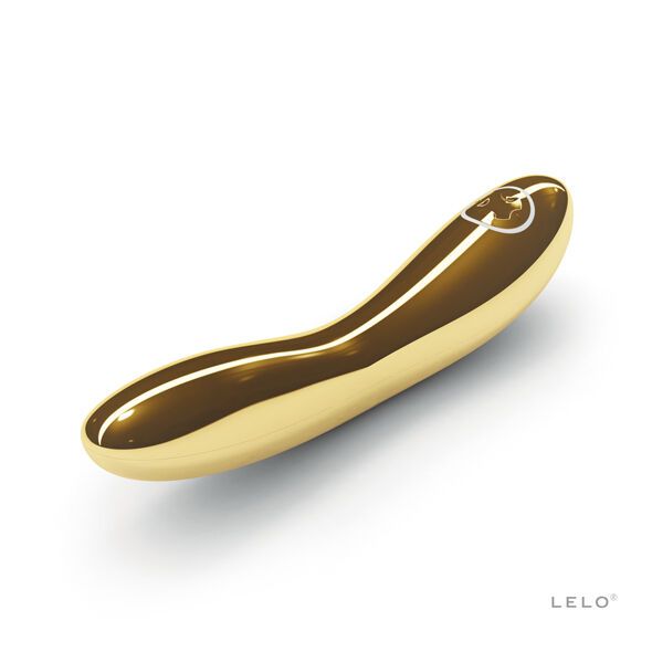 Goldfarbener Vibrator. Gebogene Form, glatte Oberfläche. LELO-Logo unten rechts.