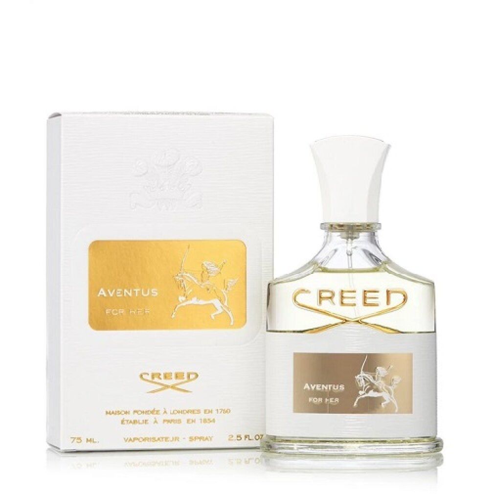 Parfümflakon und Verpackung. Flakon mit weißem Deckel, goldfarbenem Etikett und Schriftzug. Verpackung mit Logo und Schriftzug.