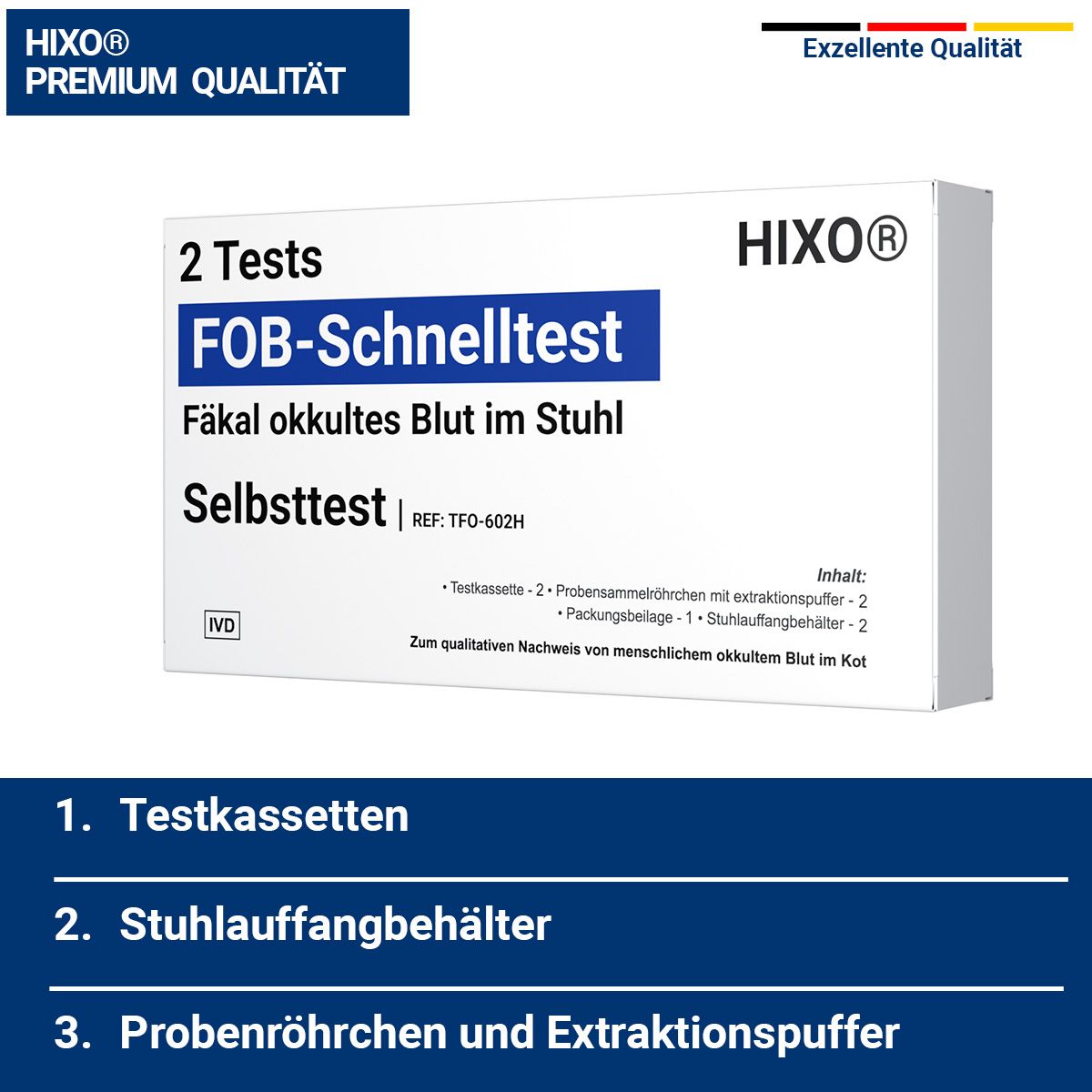 Packung mit zwei HIXO FOB-Schnelltests. Enthält Testkassetten, Probenröhrchen und Extraktionspuffer. Premium Qualität.