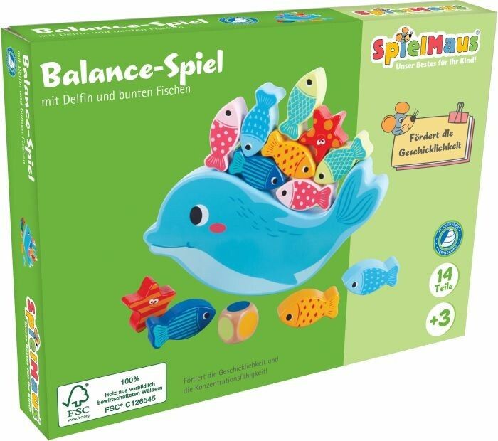 Balance-Spiel mit Delfin und bunten Fischen. 14 Teile. Holzspielzeug mit Delfin und Fischen. FSC-zertifiziert. Verpackung.