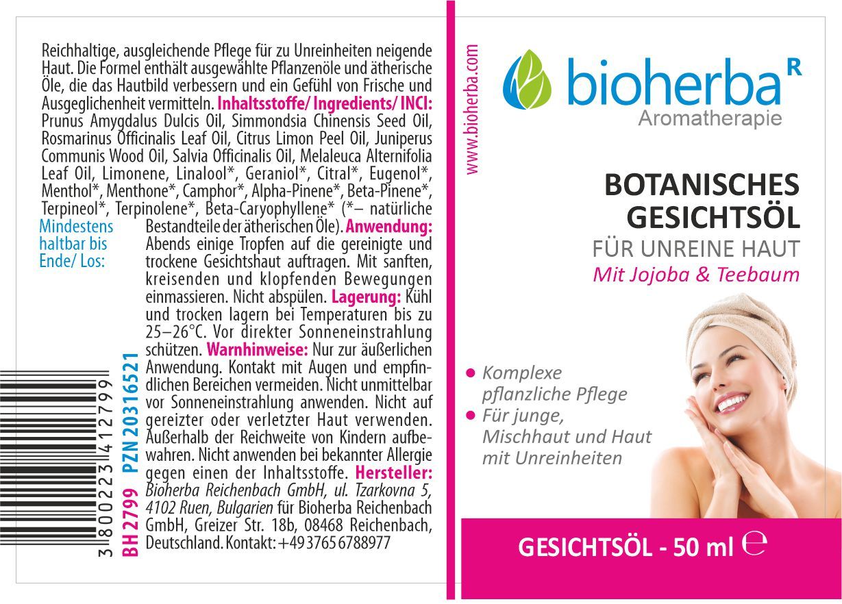 Etikett mit Produktinformationen. Text: Botanisches Gesichtsöl für unreine Haut. Mit Jojoba & Teebaum. Bioherba.