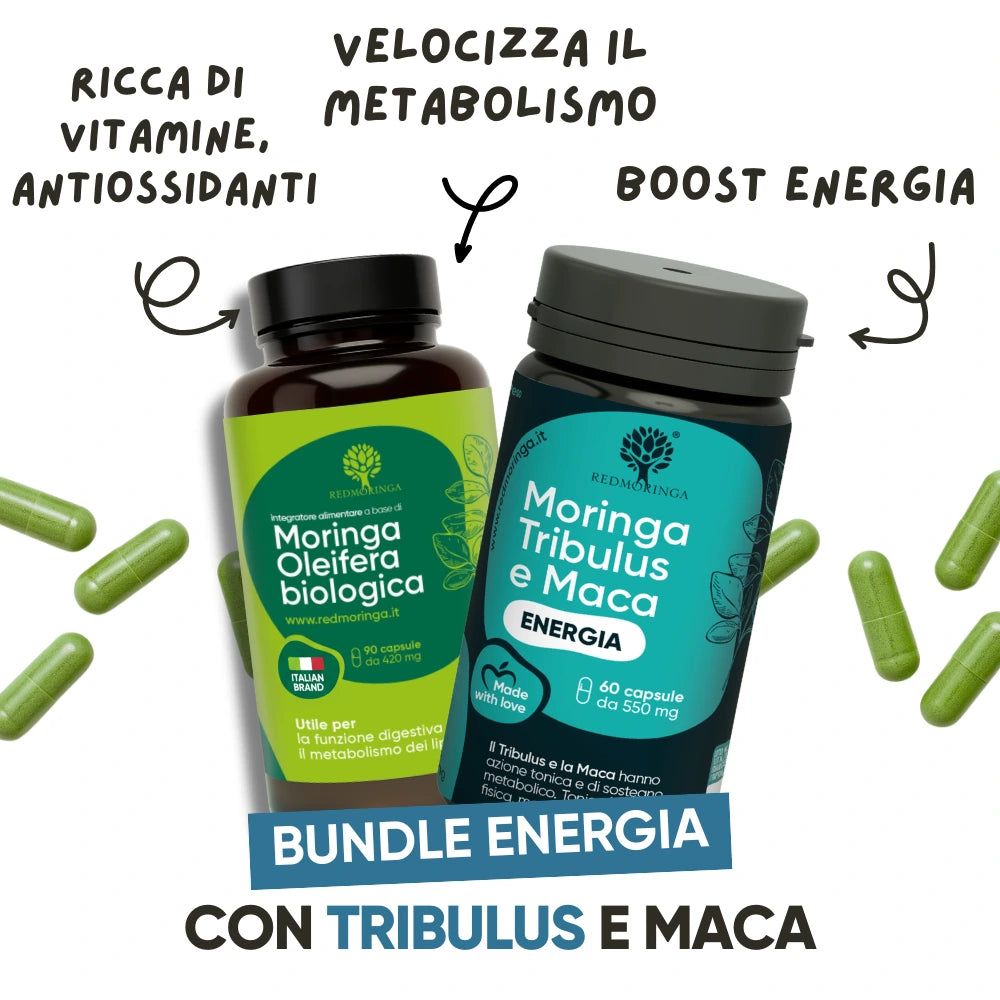 Zwei Flaschen mit Kapseln. Aufschrift: Moringa Oleifera biologica und Moringa Tribulus e Maca. Grüne Kapseln liegen daneben.