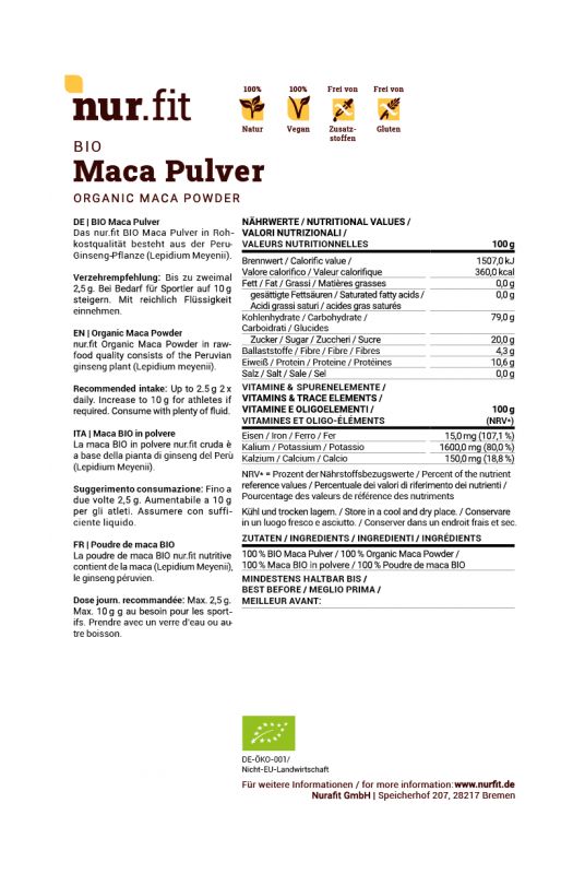 Verpackung mit BIO Maca Pulver. Text mit Nährwertangaben und Inhaltsstoffen. Bio-Siegel.