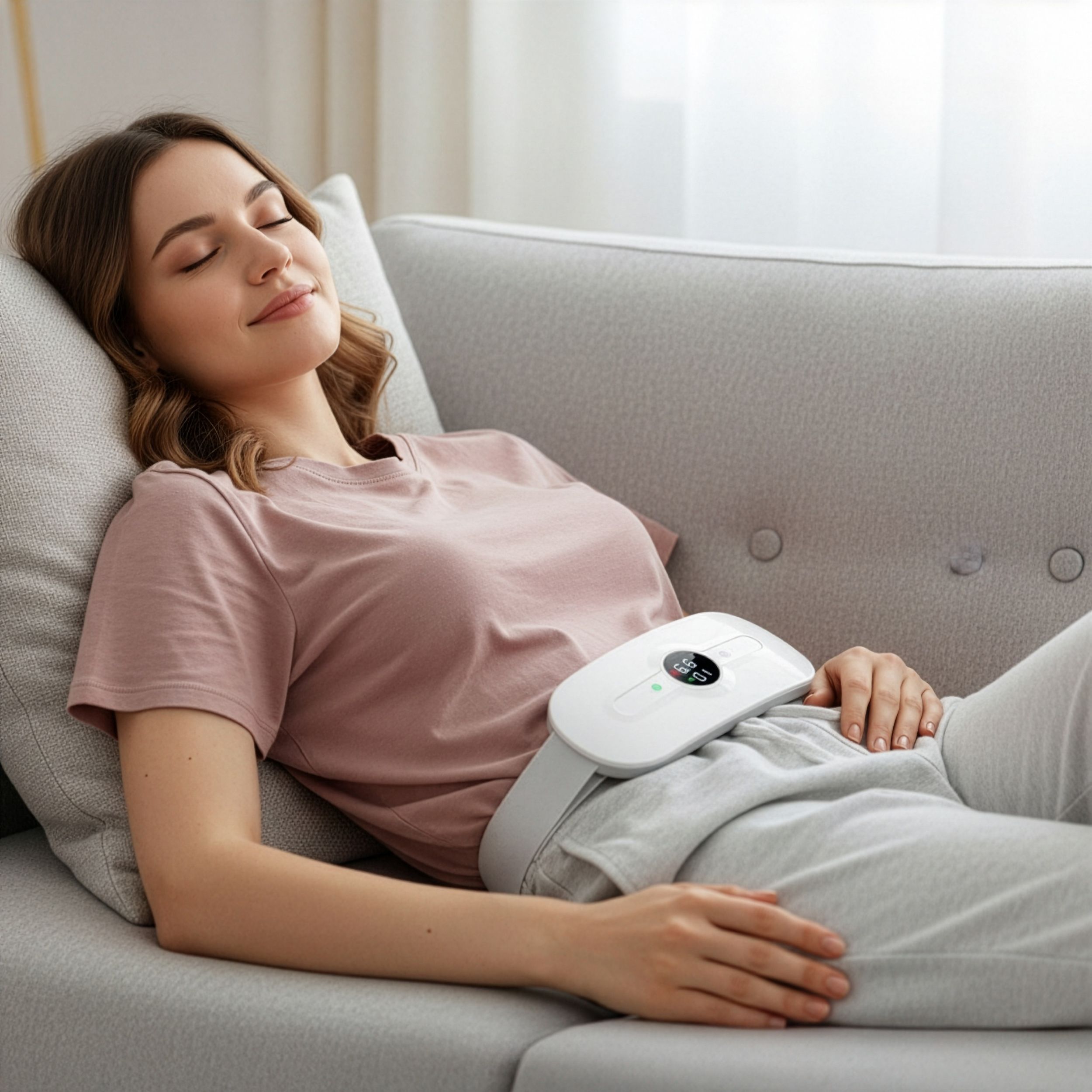 Weißer Heizgürtel mit Display, getragen von einer Frau. Der Gürtel wird um den Bauch getragen.