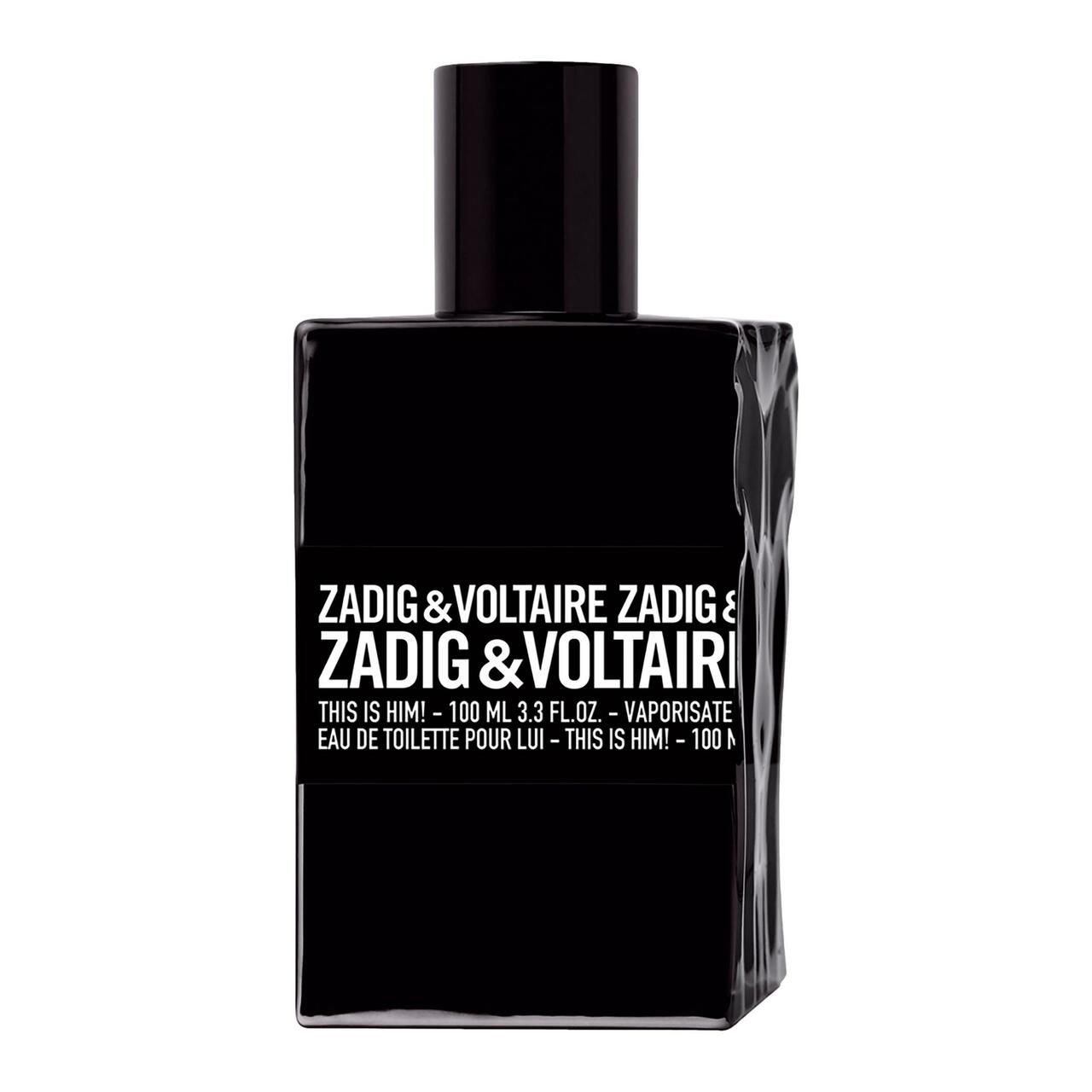 Schwarzer Flakon mit weißem Etikett. Aufschrift: Zadig & Voltaire, This Is Him! Eau de Toilette.