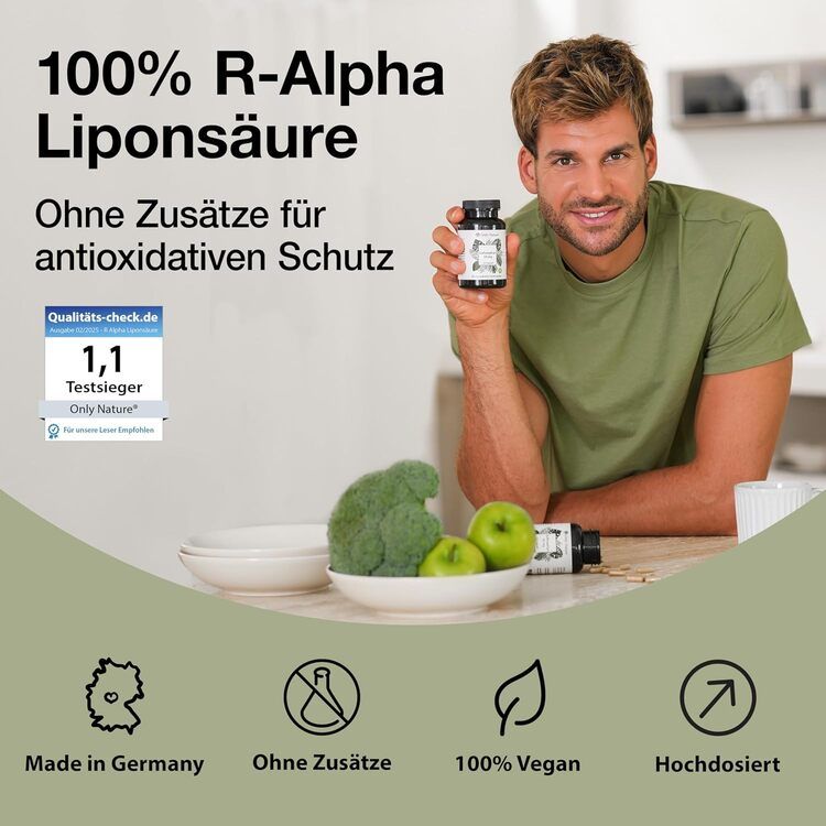 Mann hält Flasche mit Kapseln. Aufschrift: R-Alpha Liponsäure. Siegel: 1,1 Testsieger. Symbole: Made in Germany, ohne Zusätze, 100% Vegan, hochdosiert.