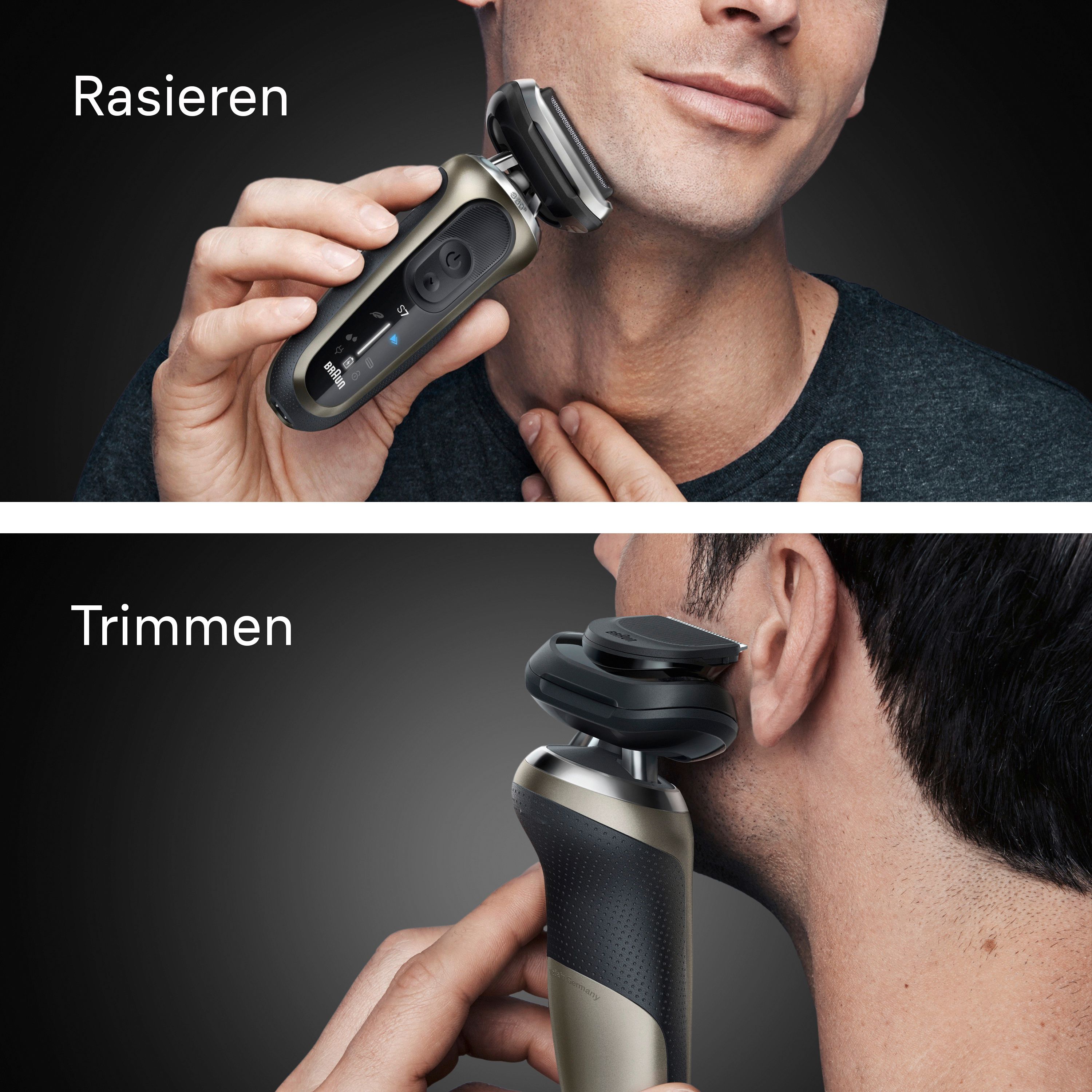 Mann rasiert sich mit Braun Rasierer Series 7 72-C1200s. Oberes Bild: Rasieren. Unteres Bild: Trimmen.