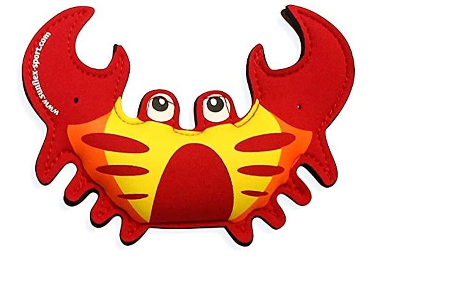 Rote Krabbe Wasserspieltier. Gelber Bauch. Weiße Augen. Schwarze Umrandung. Aufschrift: www.sunflex-sport.com.