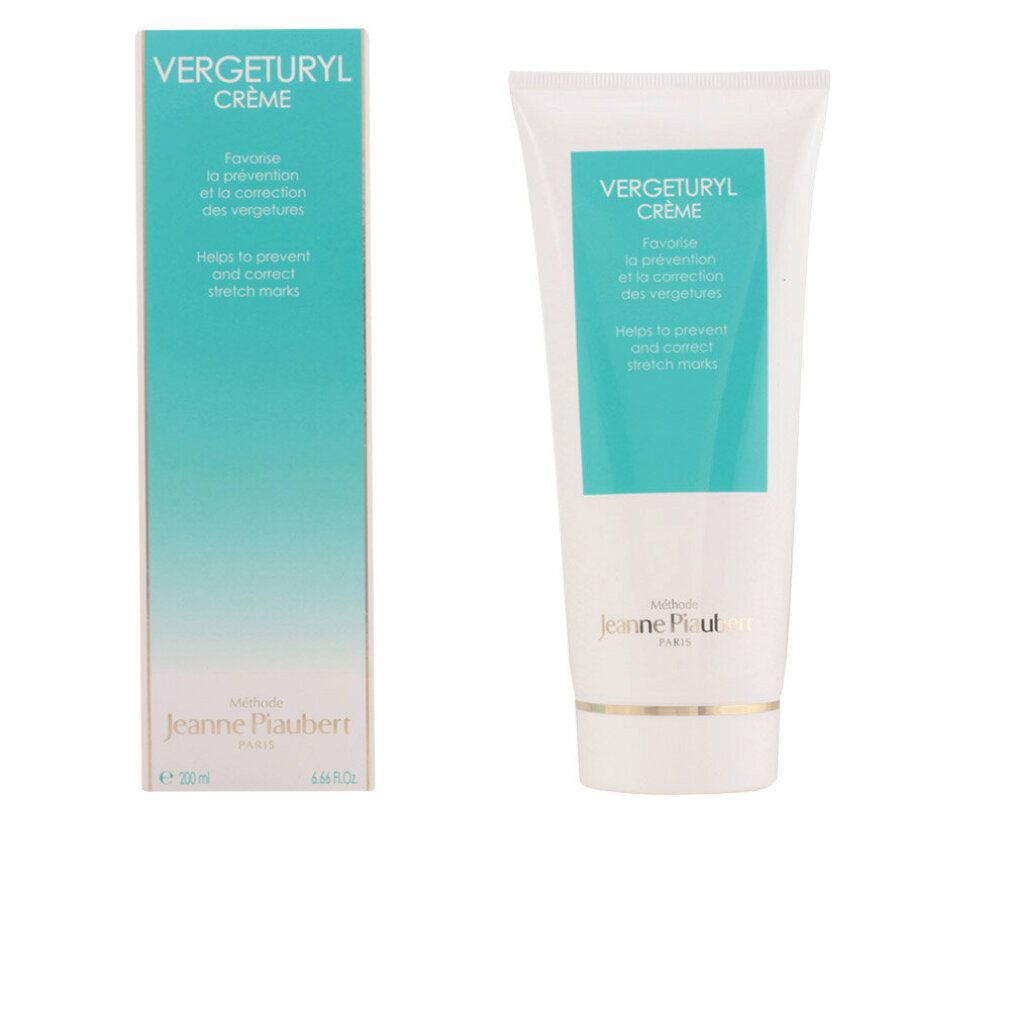 Creme-Tube und Schachtel. Aufschrift: VERGETURYL CRÈME, hilft, Dehnungsstreifen vorzubeugen und zu korrigieren. Marke: Jeanne Piaubert.