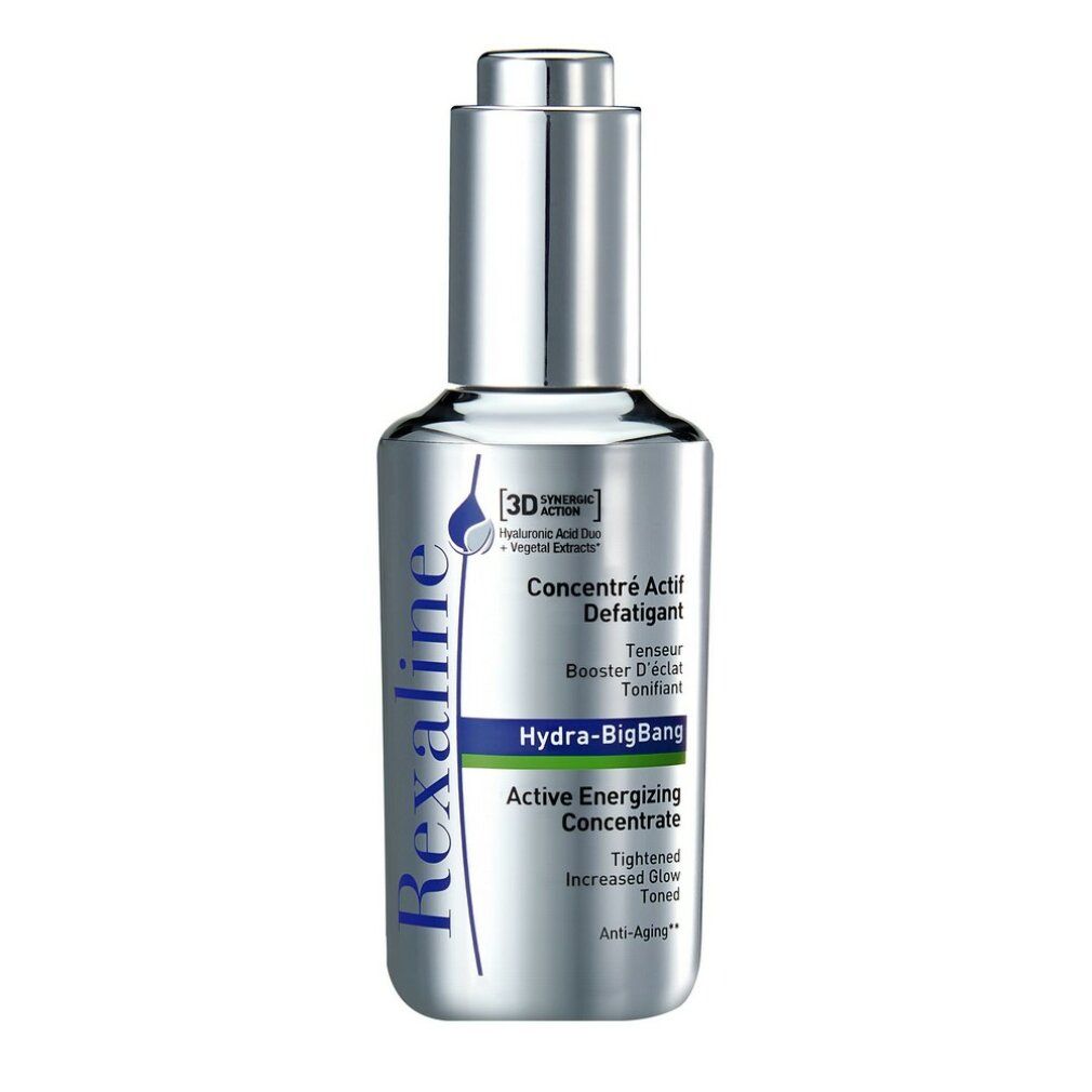 Silberne Flasche mit Pipettenaufsatz. Aufschrift: Rexaline, Hydra-BigBang, Active Energizing Concentrate.