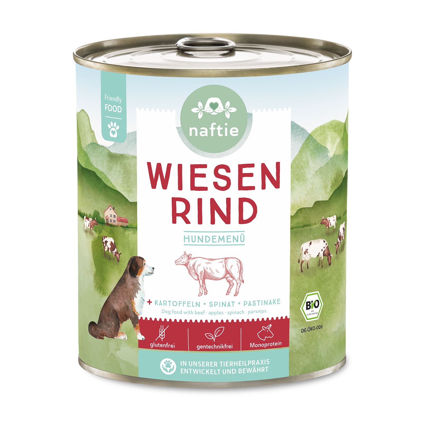 Naftie Bio Wiesen Rind Hundefutter-Dose. Aufdruck: Produktname, Illustration von Kuh und Hund, Bio-Siegel, Text: glutenfrei, gentechnikfrei, Monoprotein.