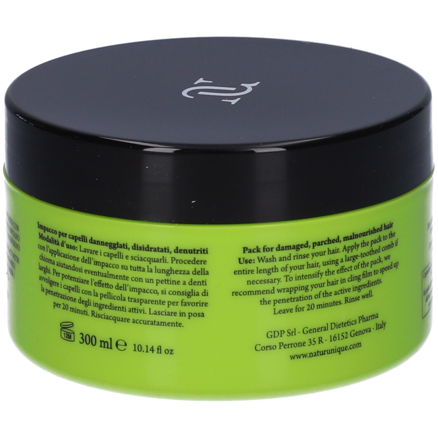Grüner Tiegel mit schwarzem Deckel. Aufschrift: 300 ml, 10.14 fl oz. Text in italienischer und englischer Sprache.